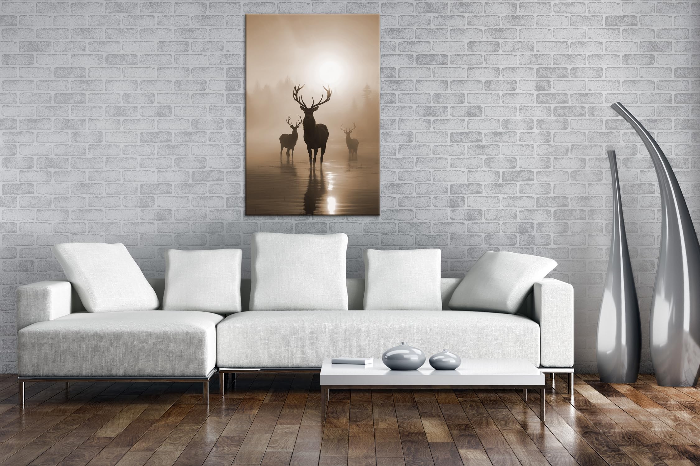 deyoli Silhouetten im Morgendunst – Hirsche im goldenen Nebel Format: 120x80cm Effekt:Sepia XXL Kunstdruck Motiv auf Holzrahmen/Leinwandbild/Wandbild/Wohnzimmer Dekoration