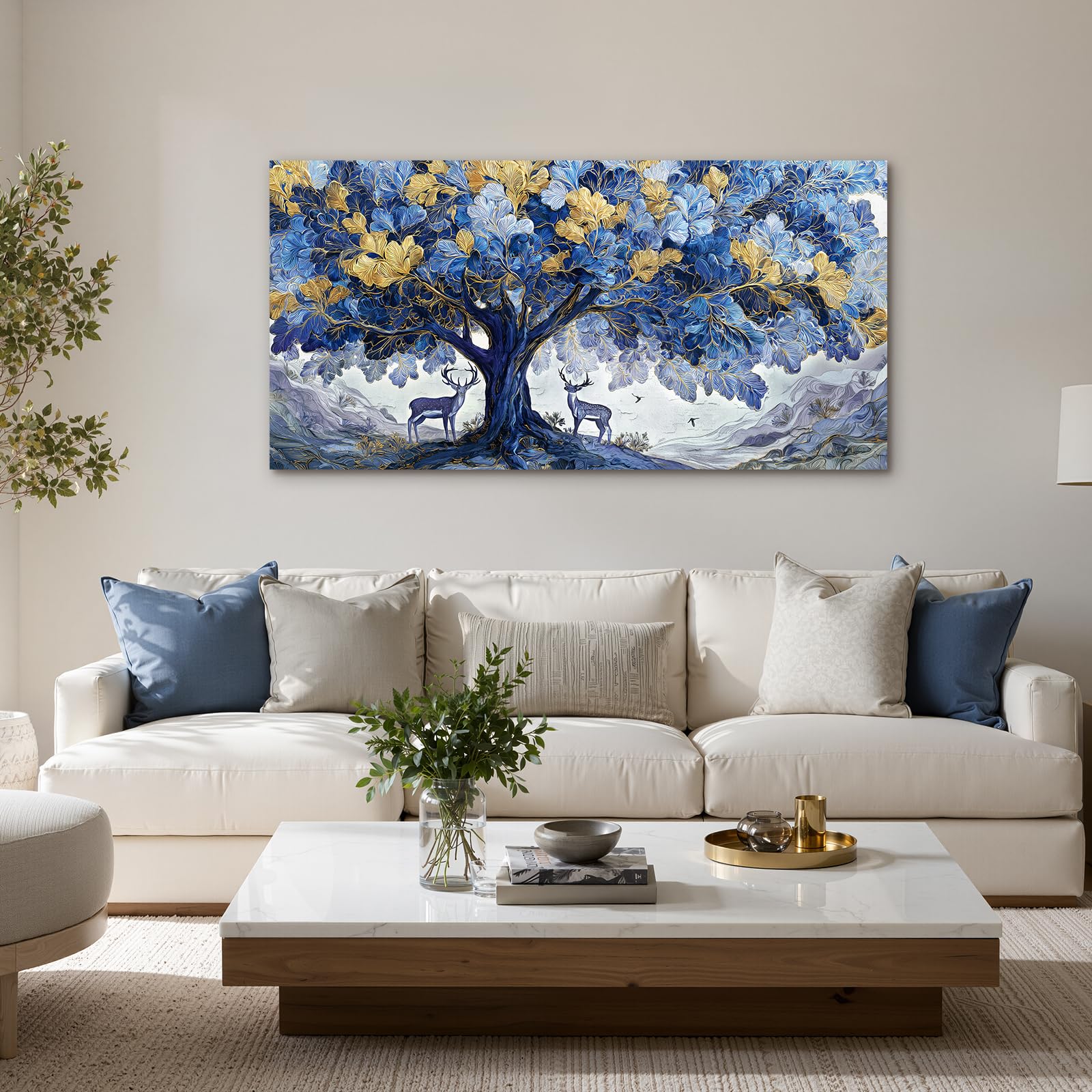 SERIMINO Cuadros Decoracion Arbol de la Vida Grandes Naturaleza 73x146 cm | Frondas Ciervos Montañas, Impresión Hd, Lienzo Bastidor Madera Maciza, Montaje Sencillo, Regalo Decorativo