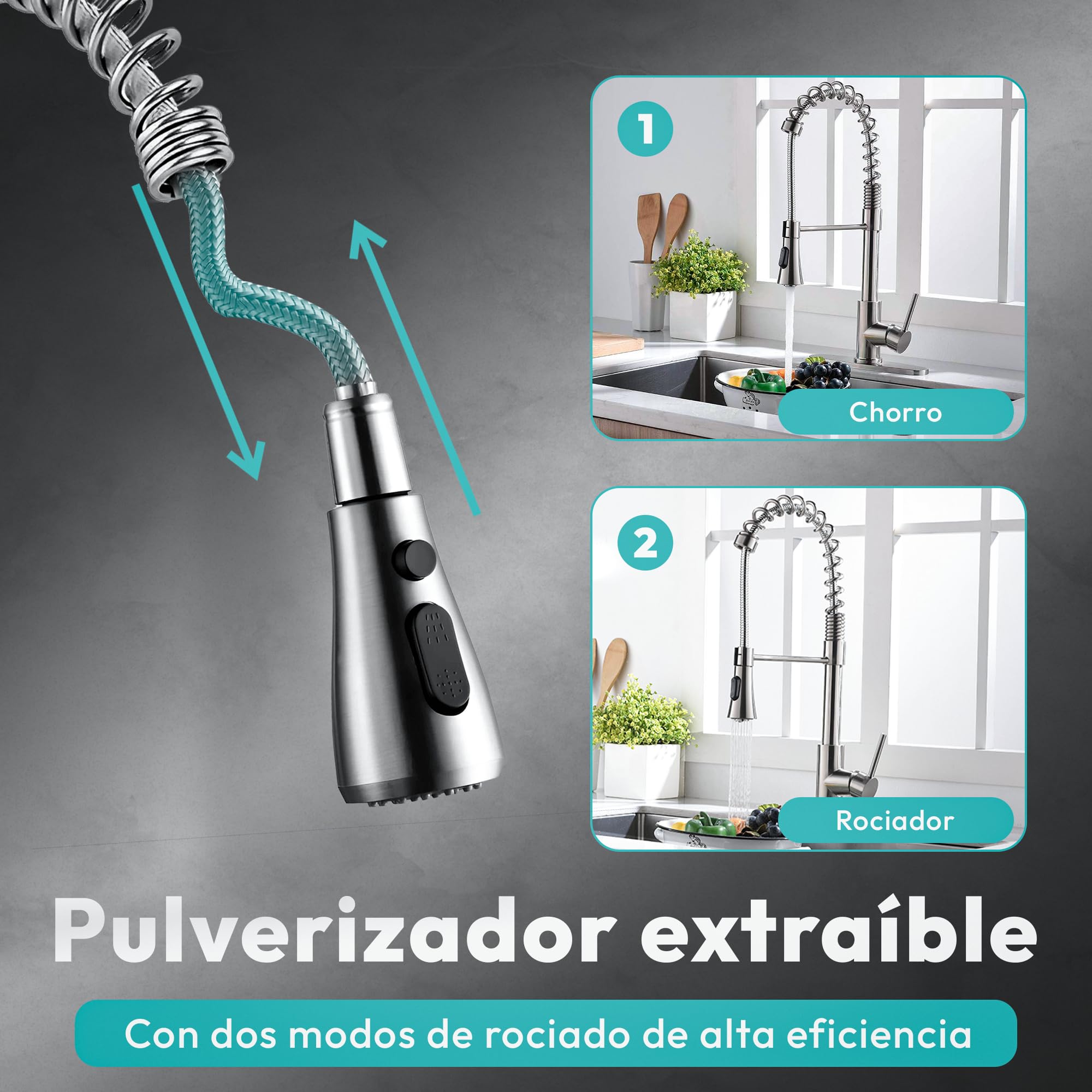 JUPPLIES Grifo Cocina Extraible Profesional – Acero Inoxidable, 360°, Diseño con Resorte, 2 Modos de Agua, Grifo Fregadero Cocina Extraíble, Fácil Instalación, Grifos Cocina Modernos