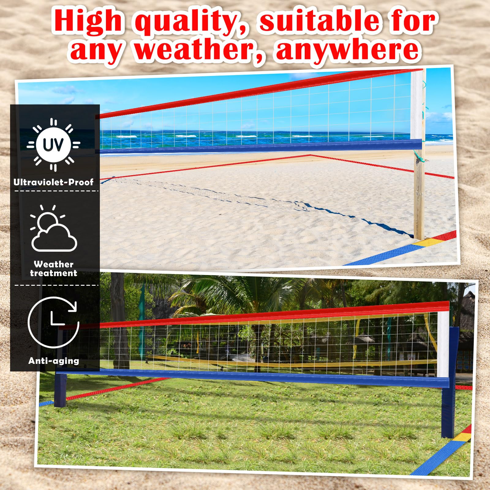 13-teiliges Strand-Volleyballnetz und Volleyball-Linien für Sand, Set 26. 91 x 132 cm. Offizieller Standard, tragbar, 5,1 cm, Begrenzungslinie mit Edelstahl-Ankernetztasche, Wetterbeständigkeit für