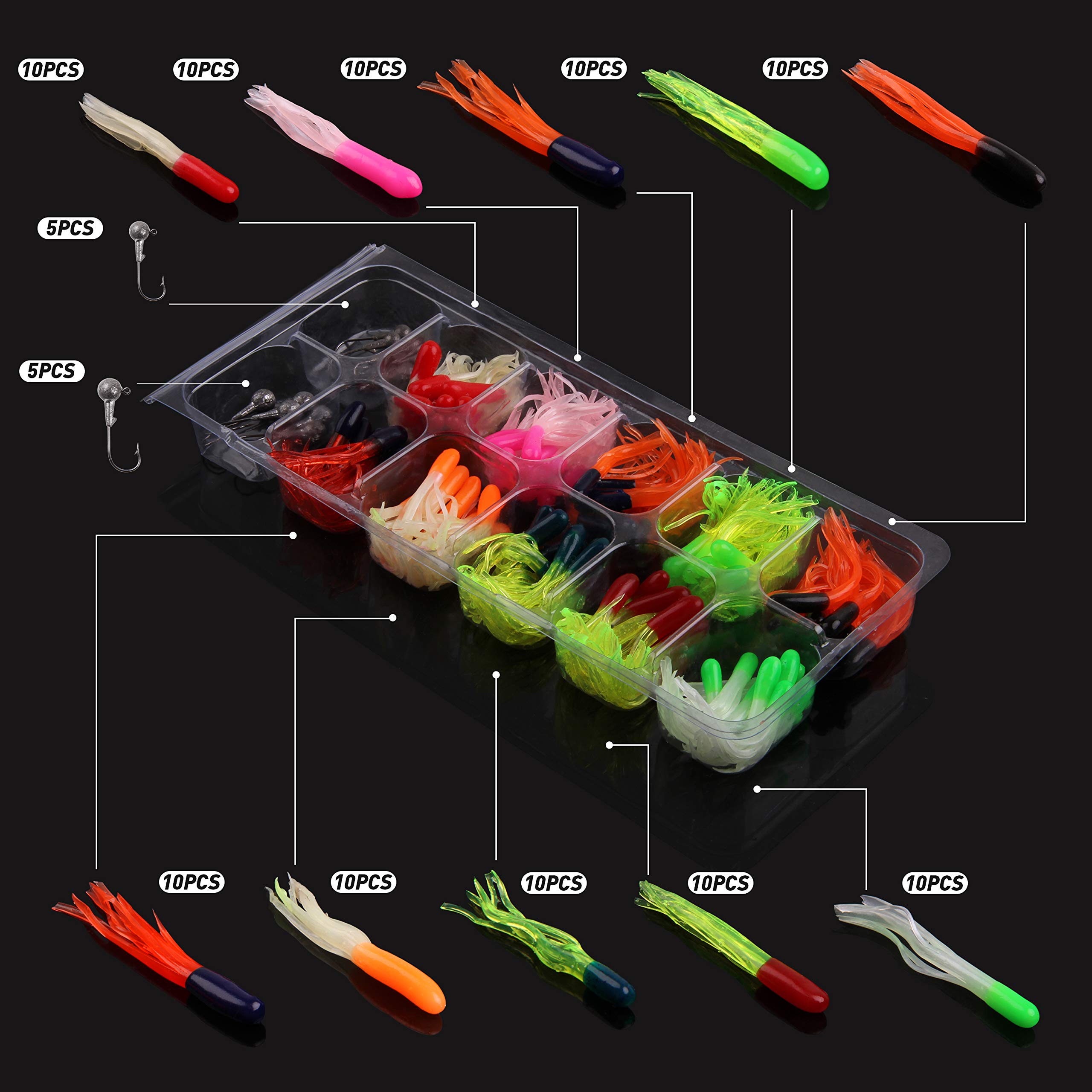 Grub Lures Fishing Jigs Head Hooks Kit,Crappie Jigs Fishing Lures Kit Soft Plastic Grub Tail Worm Lure Bait for Bass Trout Saltwater Freshwater Fishing