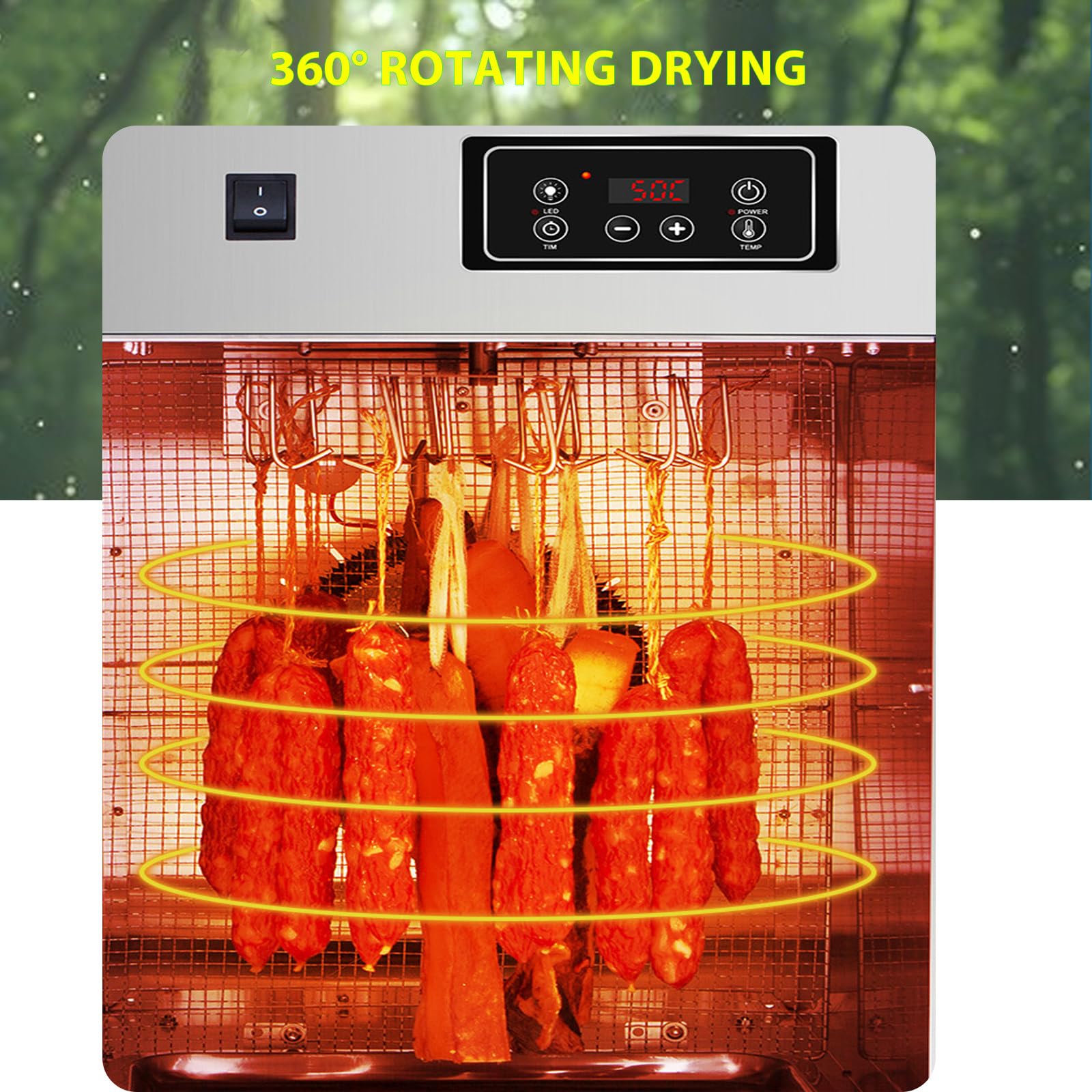 Essiccatore Rotante per Carne in Acciaio Inox, Armadio di Frollatura a Secco da 800 w, Rotazione a 360°, con 14 Ganci, Regolazione 0-90 °C, Essiccazione Tridimensionale