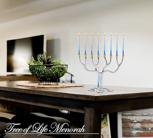 Miniatura 4 de Ner Mitzvah Tree of Life - Menorá de Hanukkah, se adapta a todas las velas estándar de Janucá, menorás modernas de velas cromadas para Janucá, plata