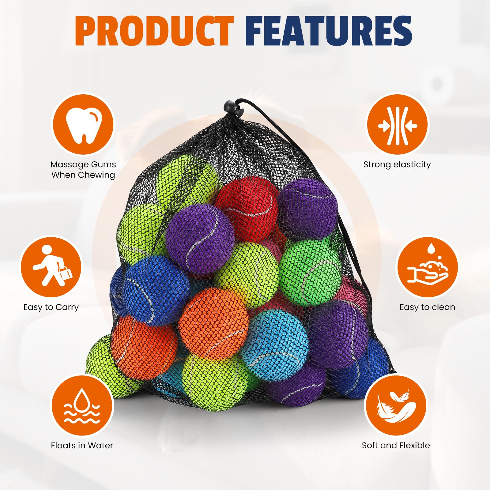 FURWEY Lot de 80 balles de tennis pour chiens, 6,3 cm, durables et non toxiques avec sac en maille, balles colorées pour animaux de compagnie (non couineur)