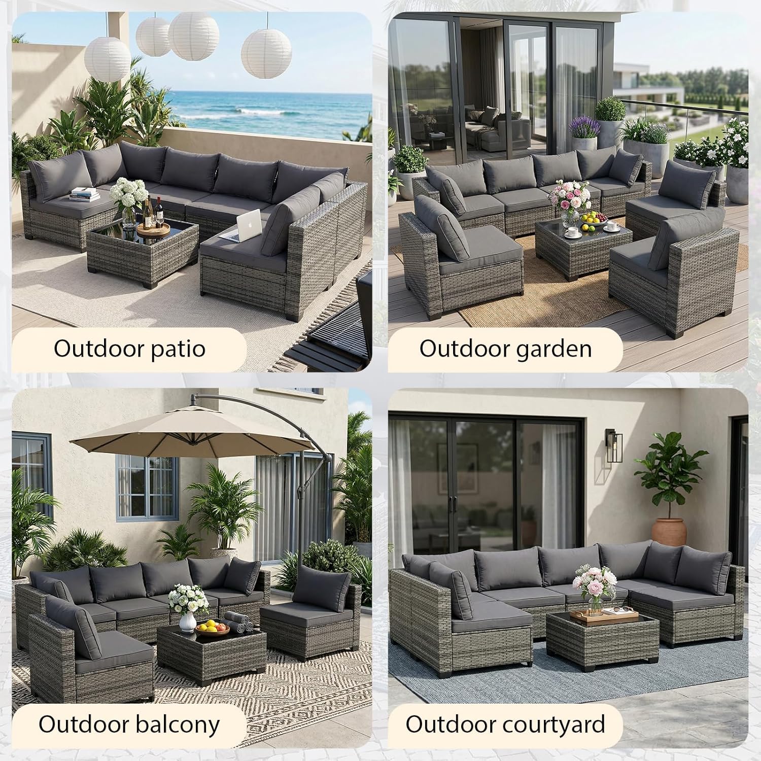 7-Piece Patio Furniture Set, Outdoor Wicker Conversation Sofa Set with Coffee Table & Extra Thick 8.5" Cushions, All-Weather Sectional for Backyard, Porch, Poolside (Gray, 7PCS)