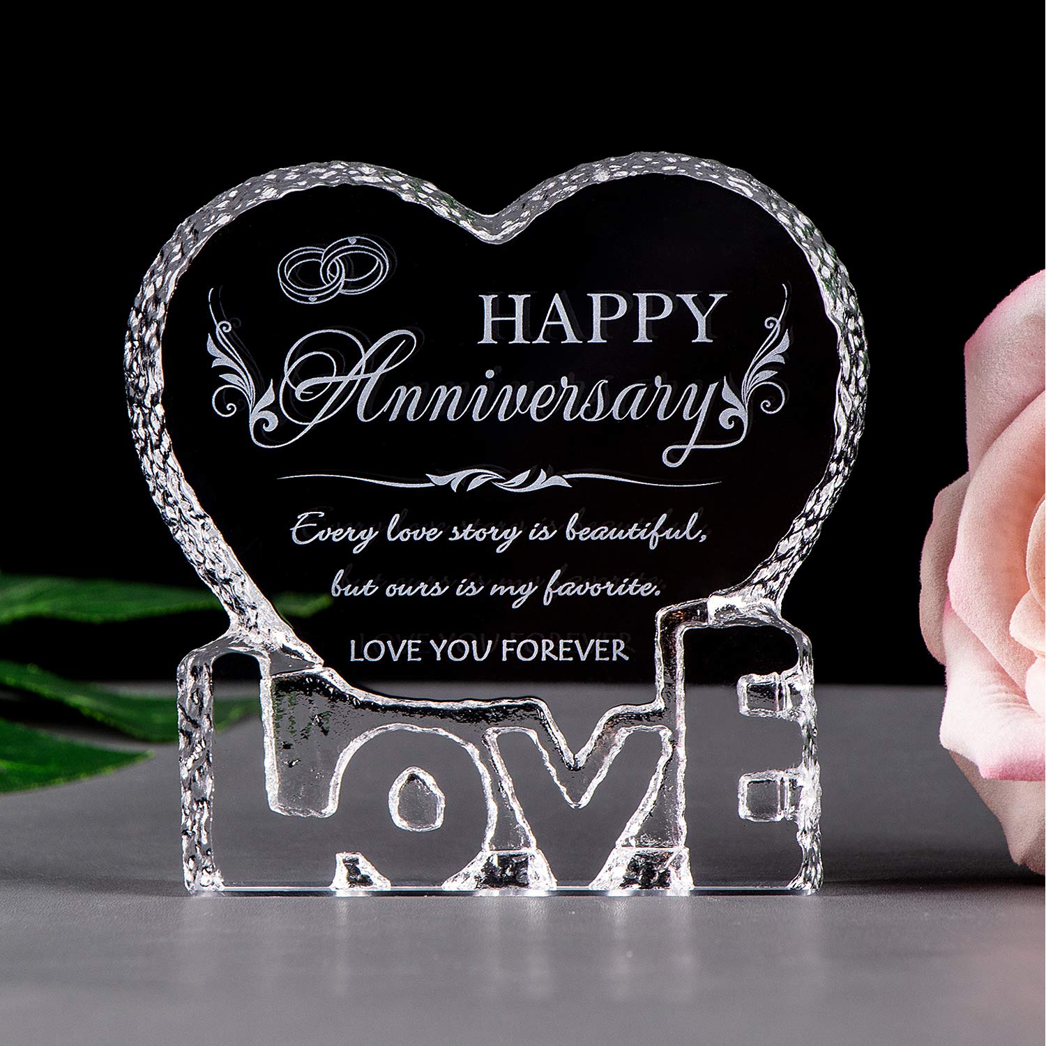 Movdyka Anniversary Wedding Gifts for Her Him Couple Crystal Love Heart Figurines Engraved Text with Happy Anniversary Romantic Gift for Wife Husband
