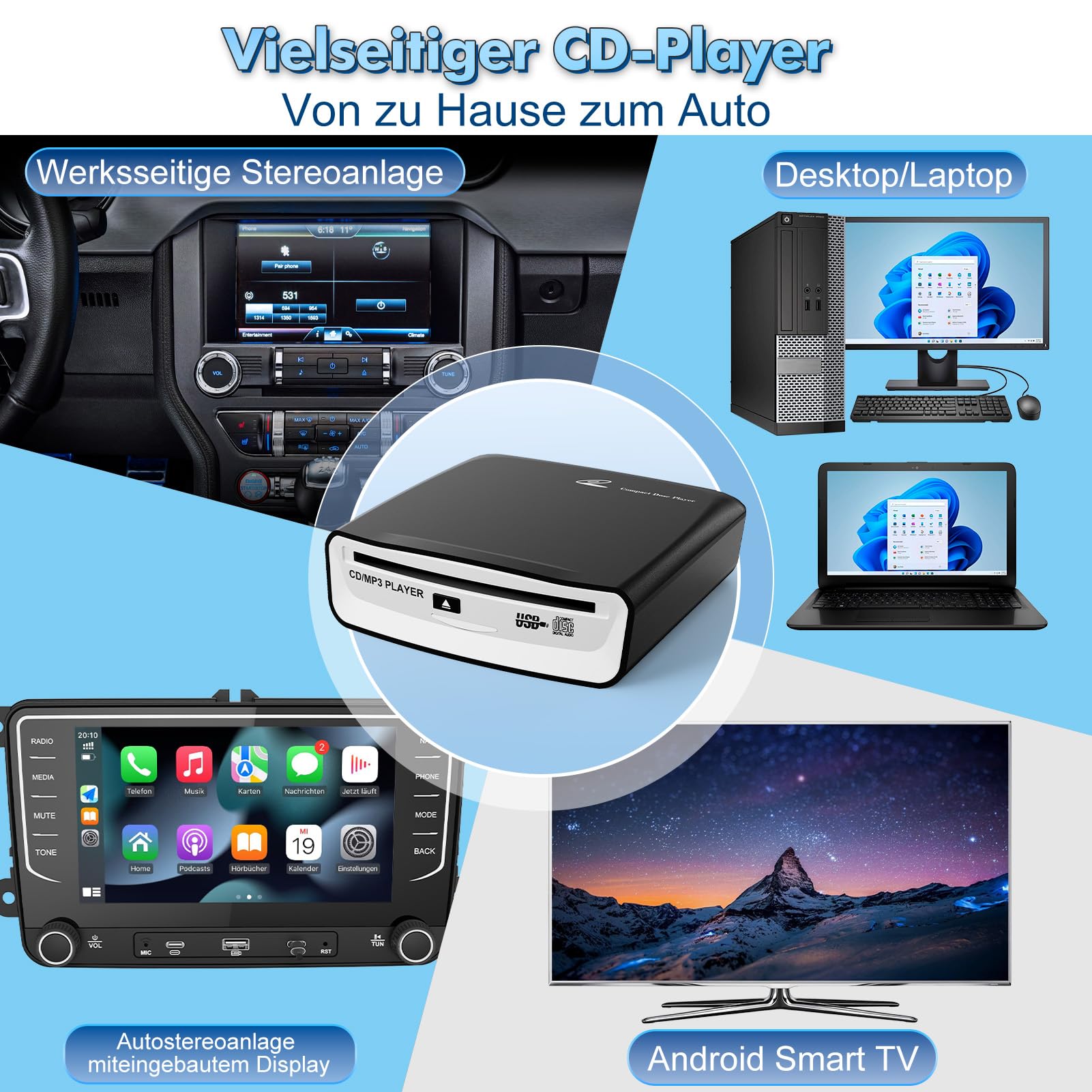 Auto CD Player mit USB-Anschluss - Timzeit Extern Universal CD Player für Auto PKW LKW mit AUX-kabel und Fernbedienung, Externes CD Laufwerk für Laptop, PC, Fernseher, kompatibel mit Android Autoradio