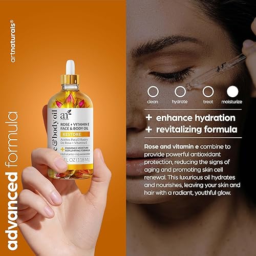 Miniatura 2 de Artnaturals Aceite facial orgánico de rosa + vitamina E, 4.0 onzas, para cuerpo y cabello, 100% natural, hidrata, rejuvenece y mejora tu piel,