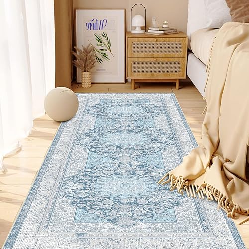 Alfombra bohemia vintage de 2 x 6 pulgadas, lavable, antideslizante, tradicional, azul, para pasillo, cocina, entrada
