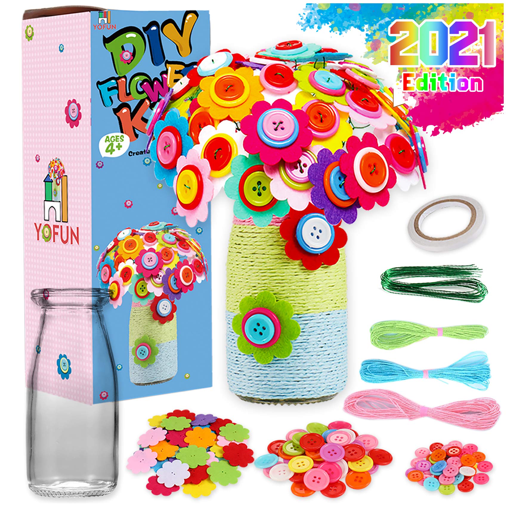 YOFUN Flower Craft Kit for Kids - Make Your Own Flower Bouquet with Buttons and Felt Flowers, Vase Art Toy & Craft Project for Children, DIY Activity Gift for Boys & Girls Age 4 5 6 7 8 9 Year Old