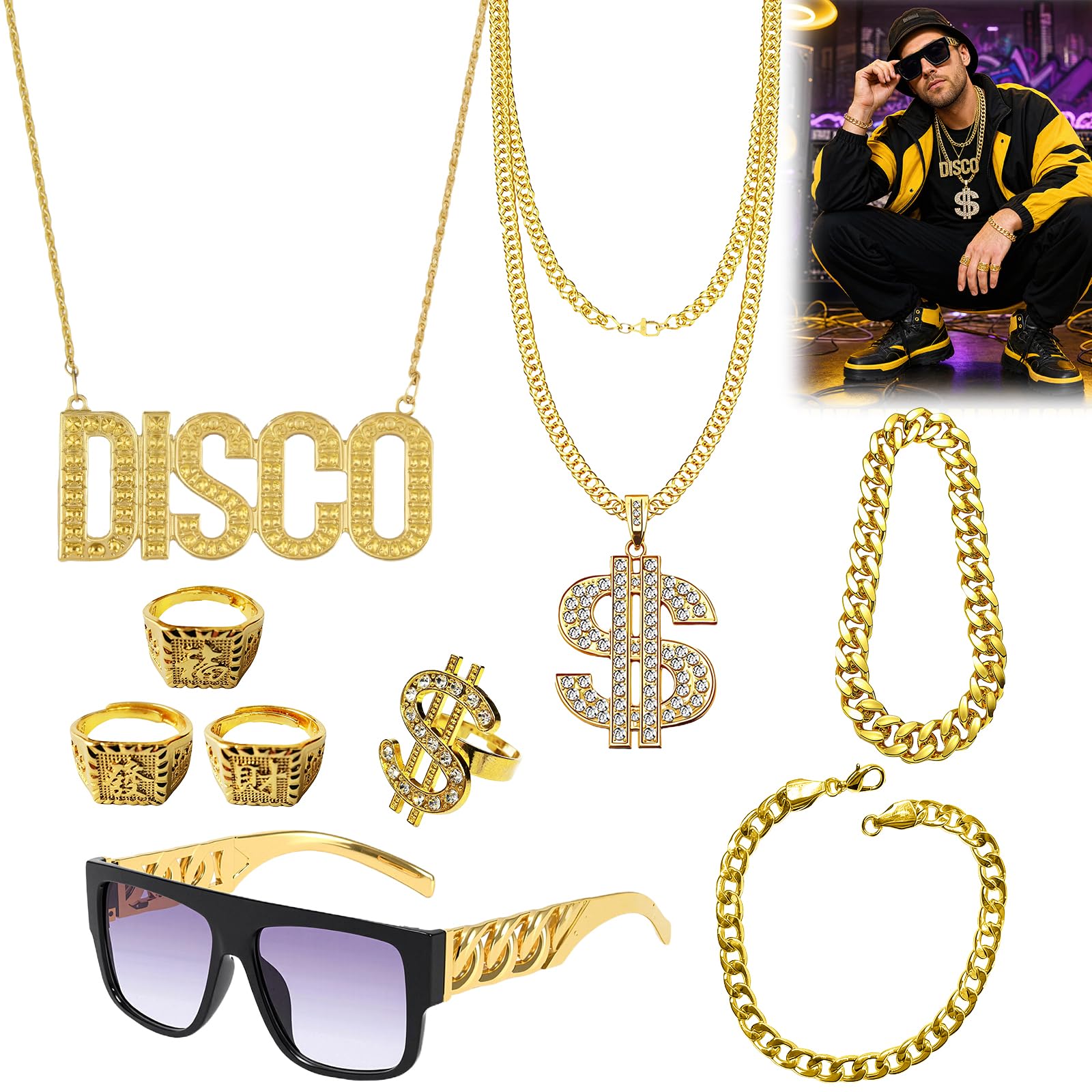 Thhiit 9 Pcs Hip Hop Costume Chain Set, Men Women Fake Gold Jewelry Accessories Outfits for 80s 90s Disco Themed Party