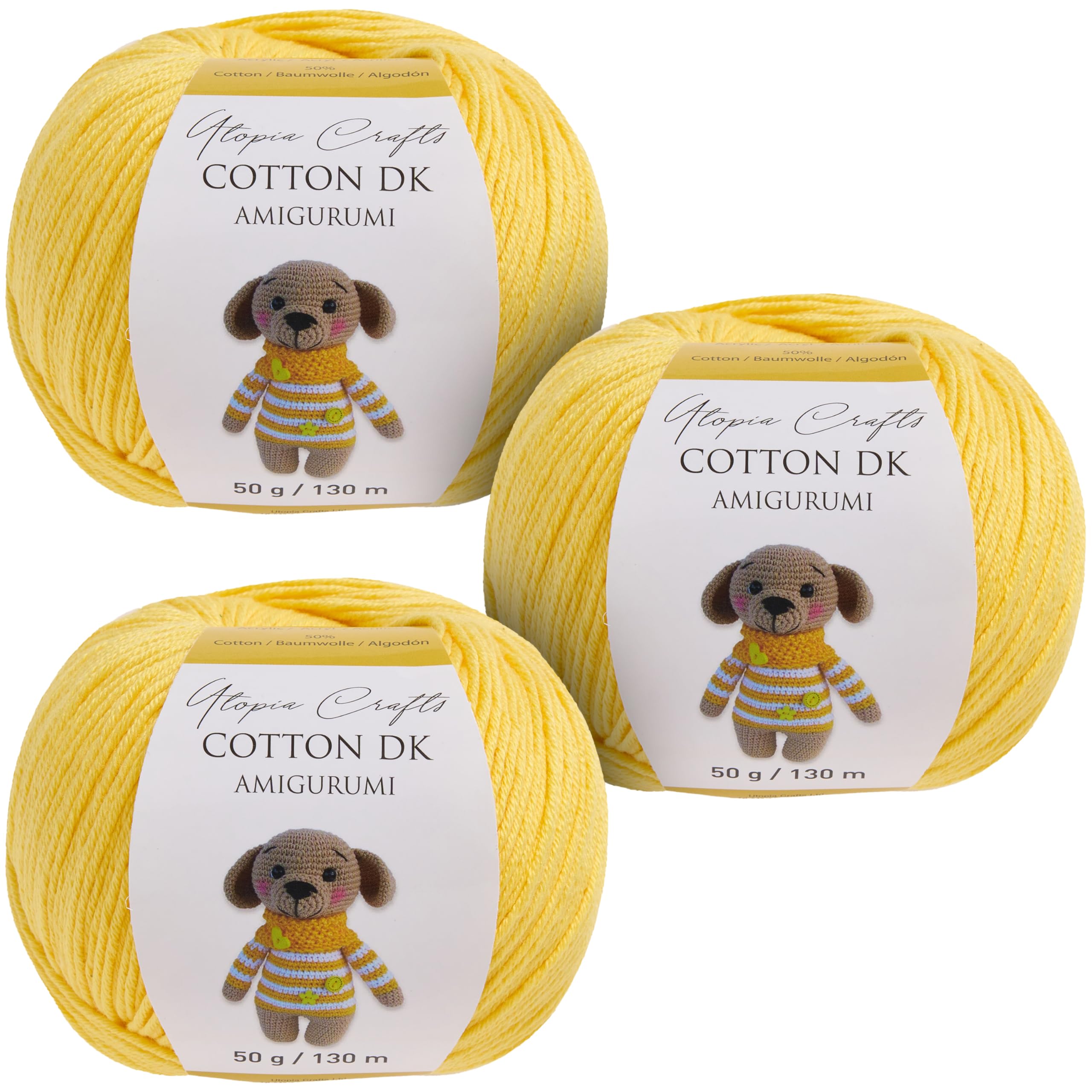 Utopia Crafts Amigurumi Cotton DK Yarn for Crochet and Knitting 50% Cotton, 50% Acrylic Blended, 3X 50g (Medium Yellow)