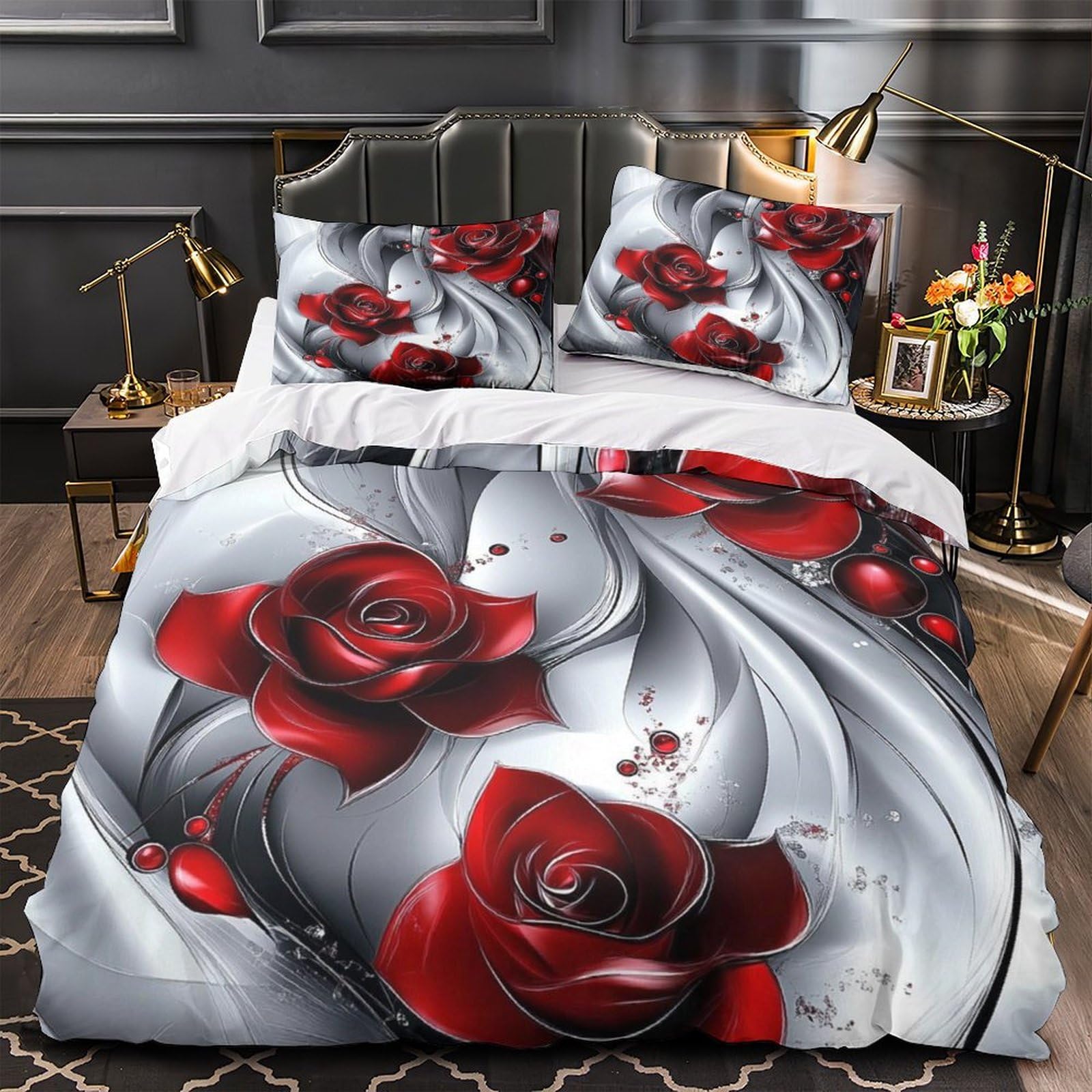 Parure de lit roses rouges en microfibre ultra douce et résistante 140x200