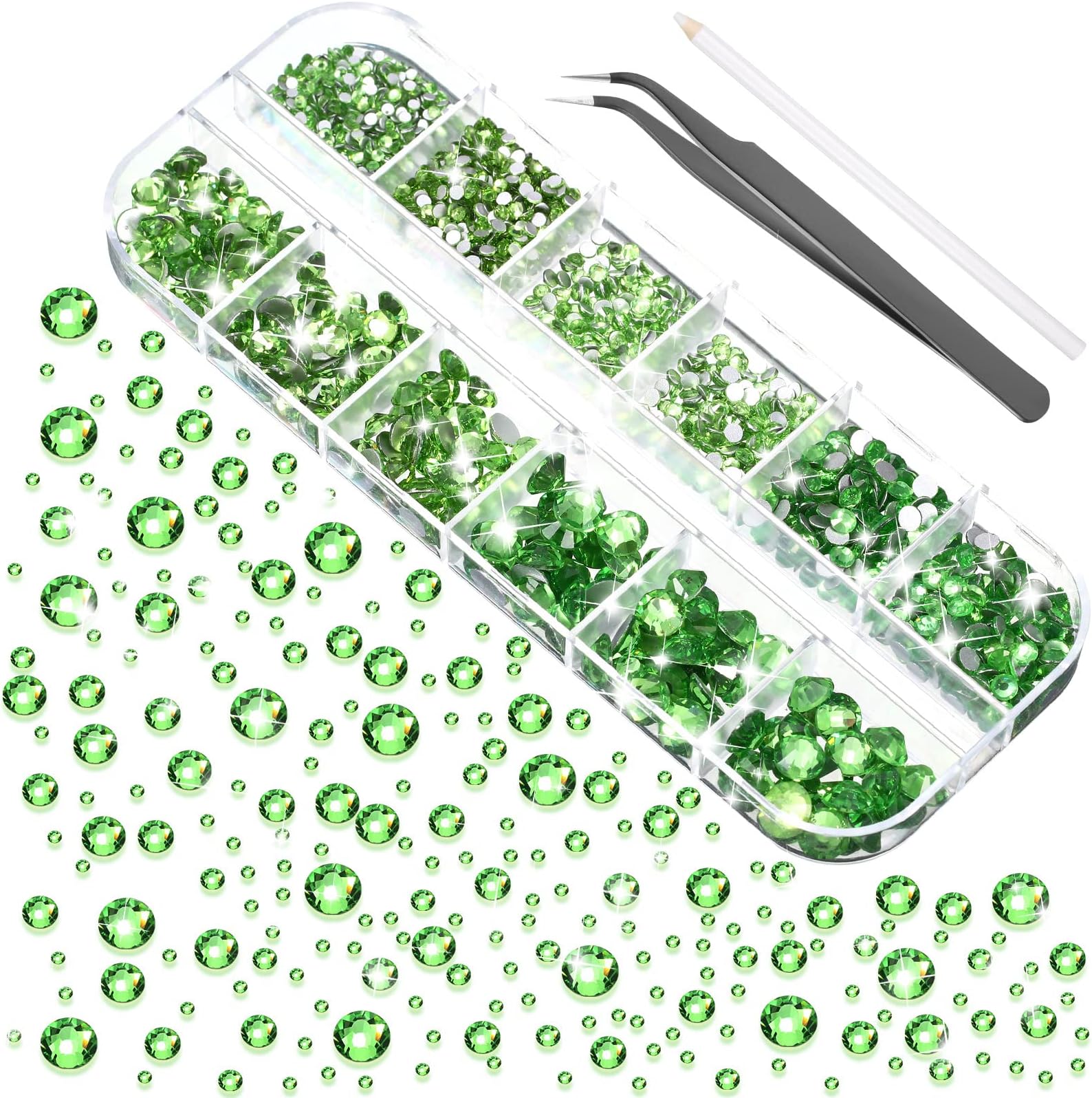 TecUnite 2000 Pieces Flat Back Gems Round Crystal Rhinestones 6 Sizes (1.5-6 mm) with Pick Up Tweezer and Rhinestones Picking Pen for Nail Face Clothes Shoes Bags DIY (Fruit Green)