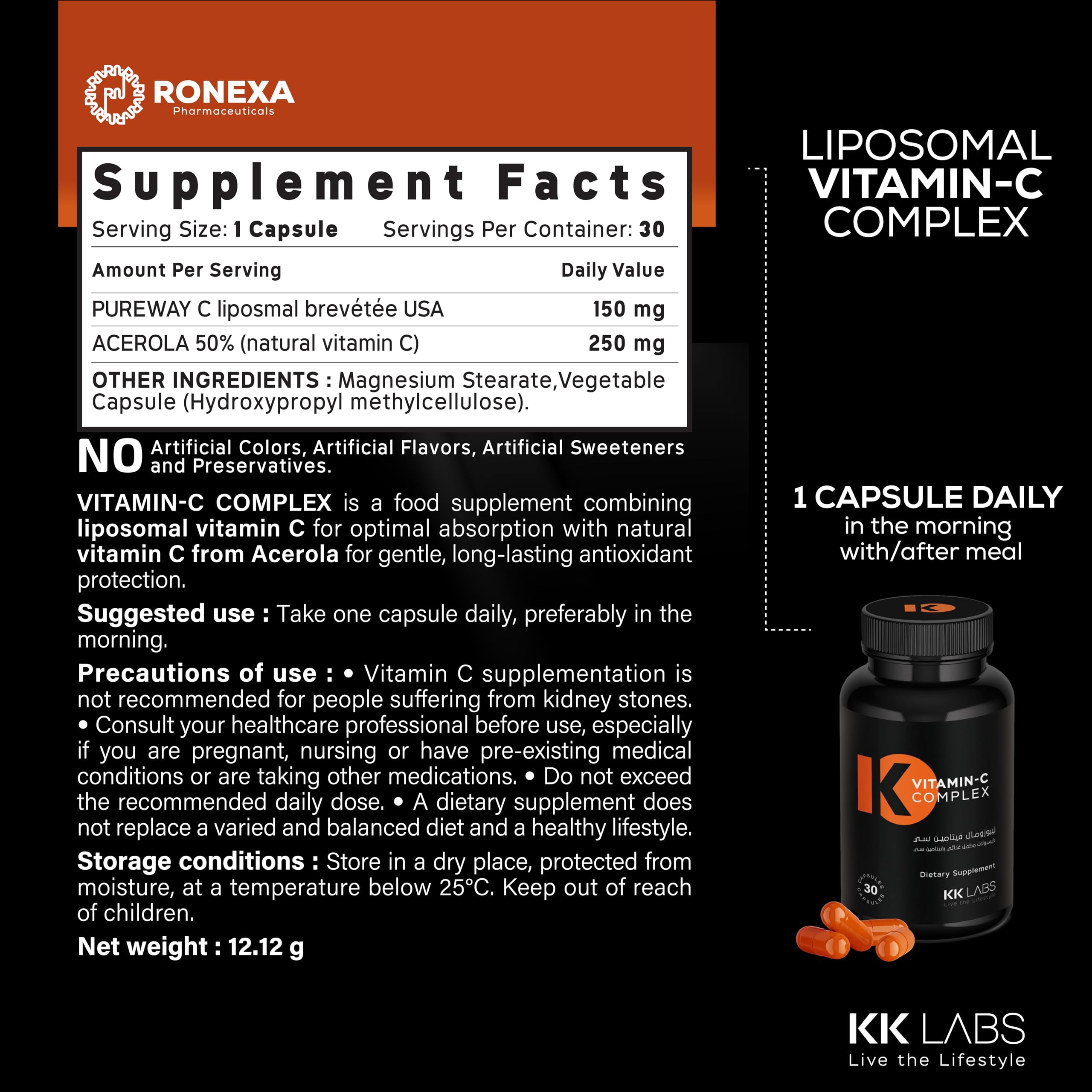 KK Labs Vitamin C Complex Food Supplement - Daily Vitamin C to Support Normal Immune Function and Reduce Tiredness, Convenient Everyday Serving for Adults and the Whole Family Routine