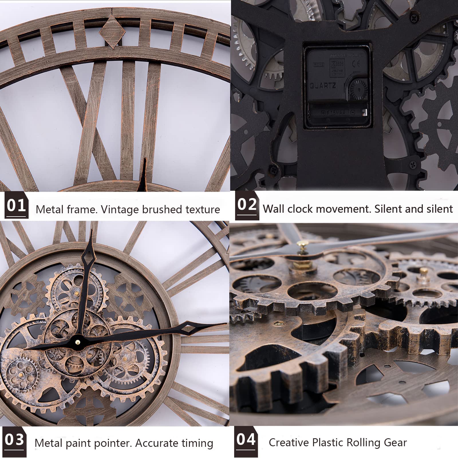 Reloj De Pared Grande Salon Engranajes Giratorios, NúMeros Romanos Retro para Bar CafeteríA Cocina 24 Pulgadas
