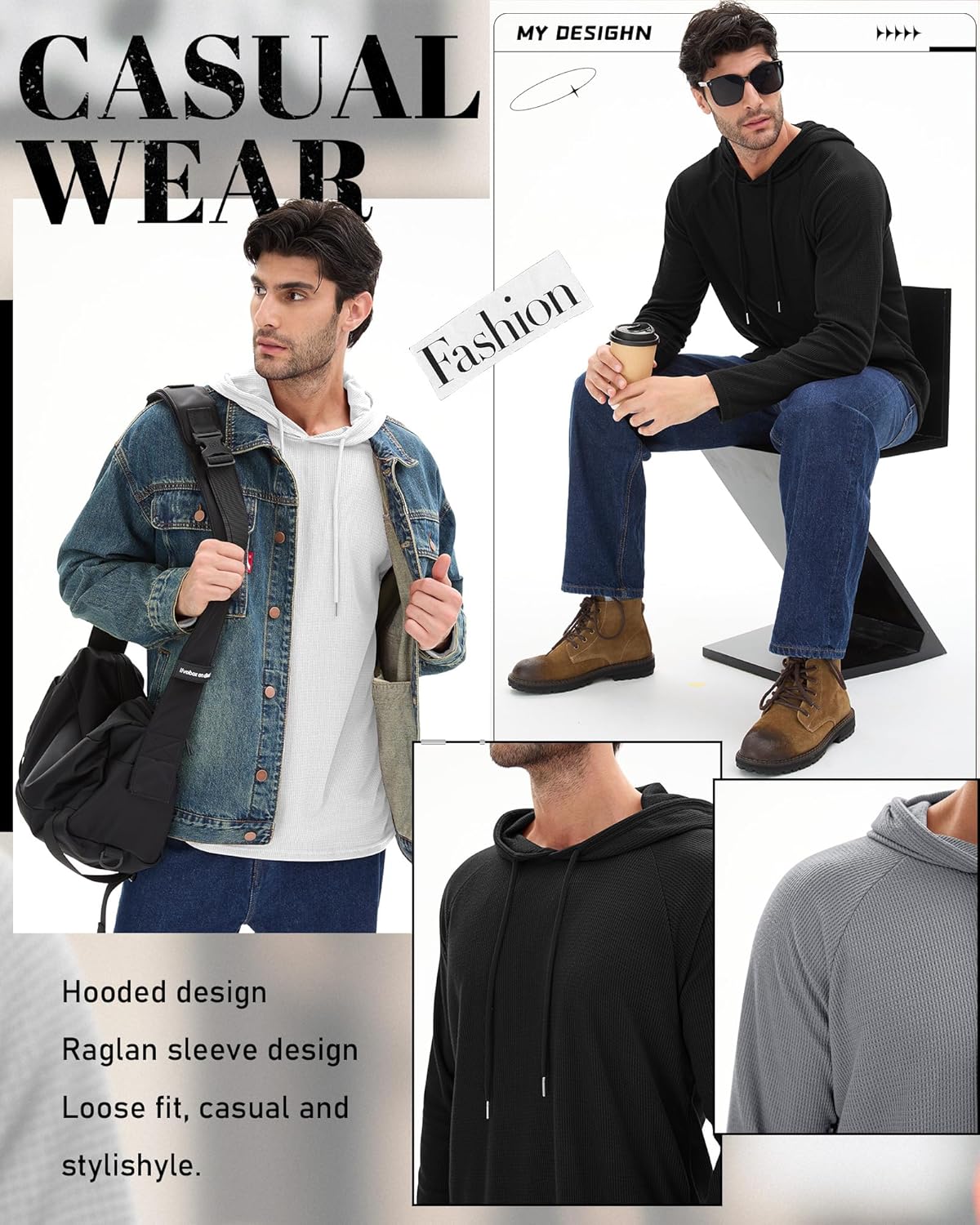 3 Pack Men's Big and Tall Hoodies Sweatshirts Waffle Knit Long Raglan Sleeve Casual Pullover Drawstring Shirts - Image 4