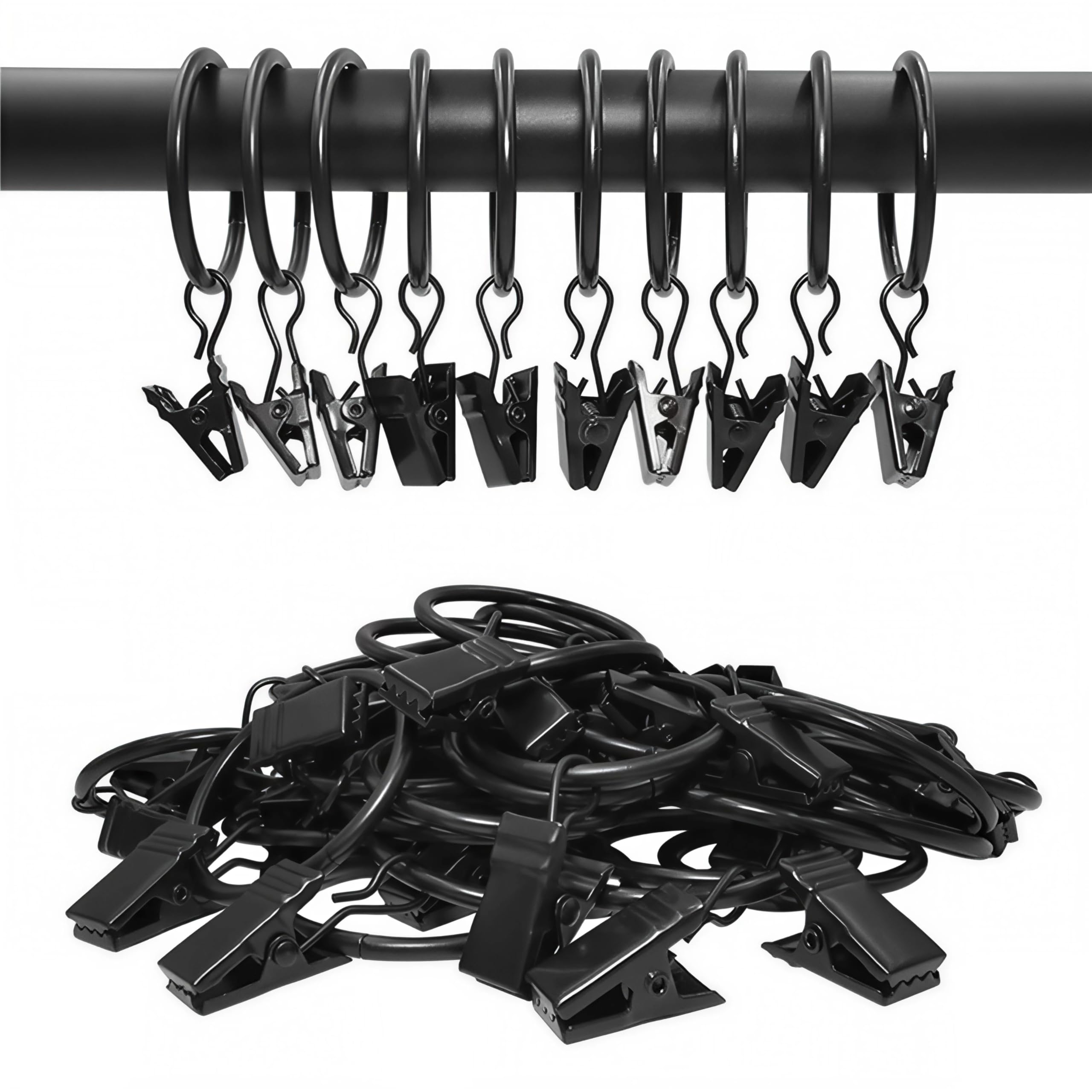 50 Pcs Black Metal Curtain Rings with Clips and Hooks, 32mm Curtain Pole Rings for Shower Rod & Window Drapery Hanging, Heavy Duty Curtain Hanging Rings for Home Bedroom Bathroom