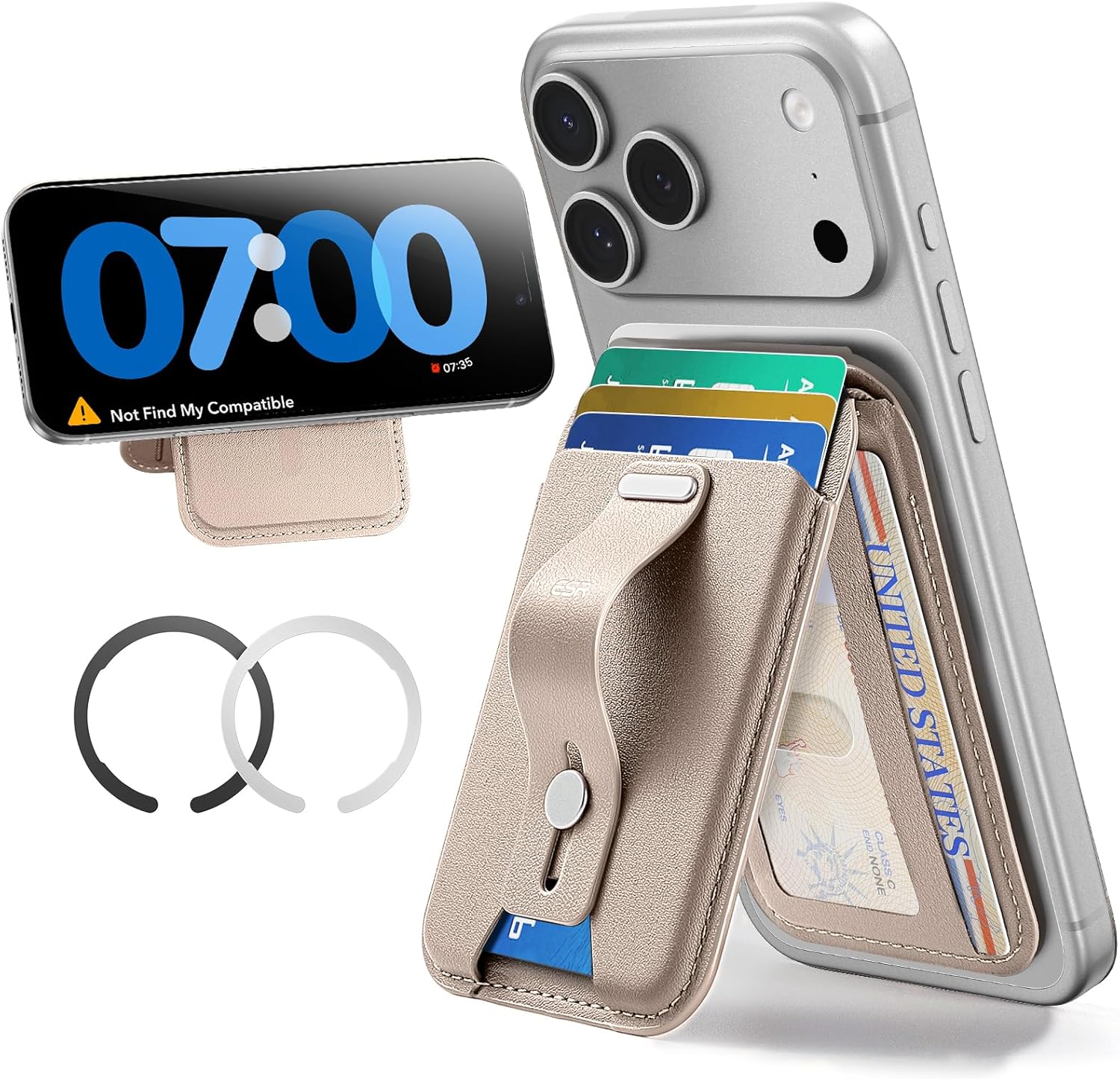 ESR Aura for MagSafe Wallet Stand w Grip, RFID Blocking w MagSafe Ring, 5 Card Holder for Phone Case, Magnetic Wallet for iPhone 17/16/15/14/13/12(Not for Mini), Selected Samsung,Desert Titanium