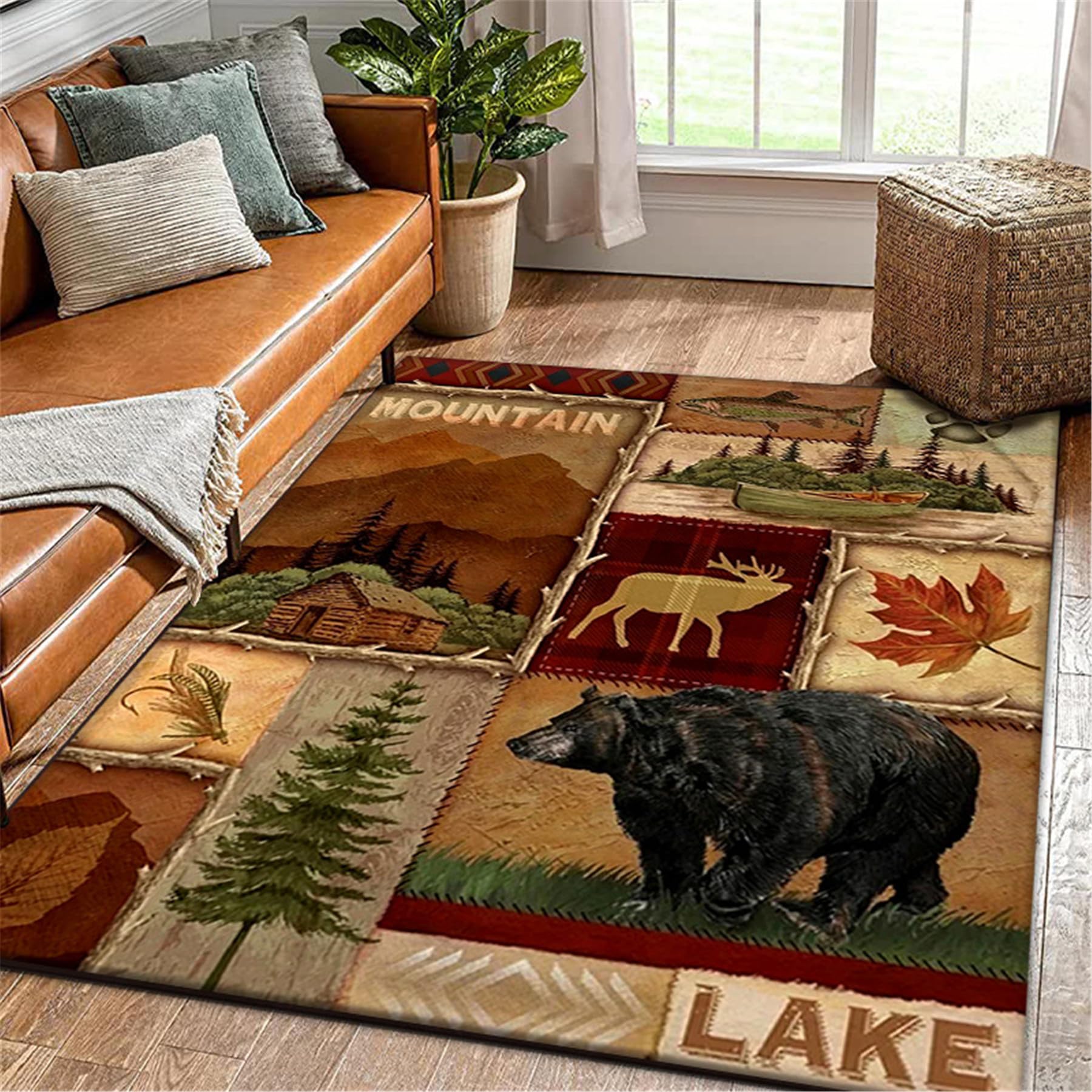Xisnuient Color 2 Area Rug American Style Village Animal Bear Maple Leaf Wildlife Animal Country Hunting Southwest Wilderness Design Carpet Indoor Outdoor Kids Play Mat Anti-Slip (,160X200 Cm)
