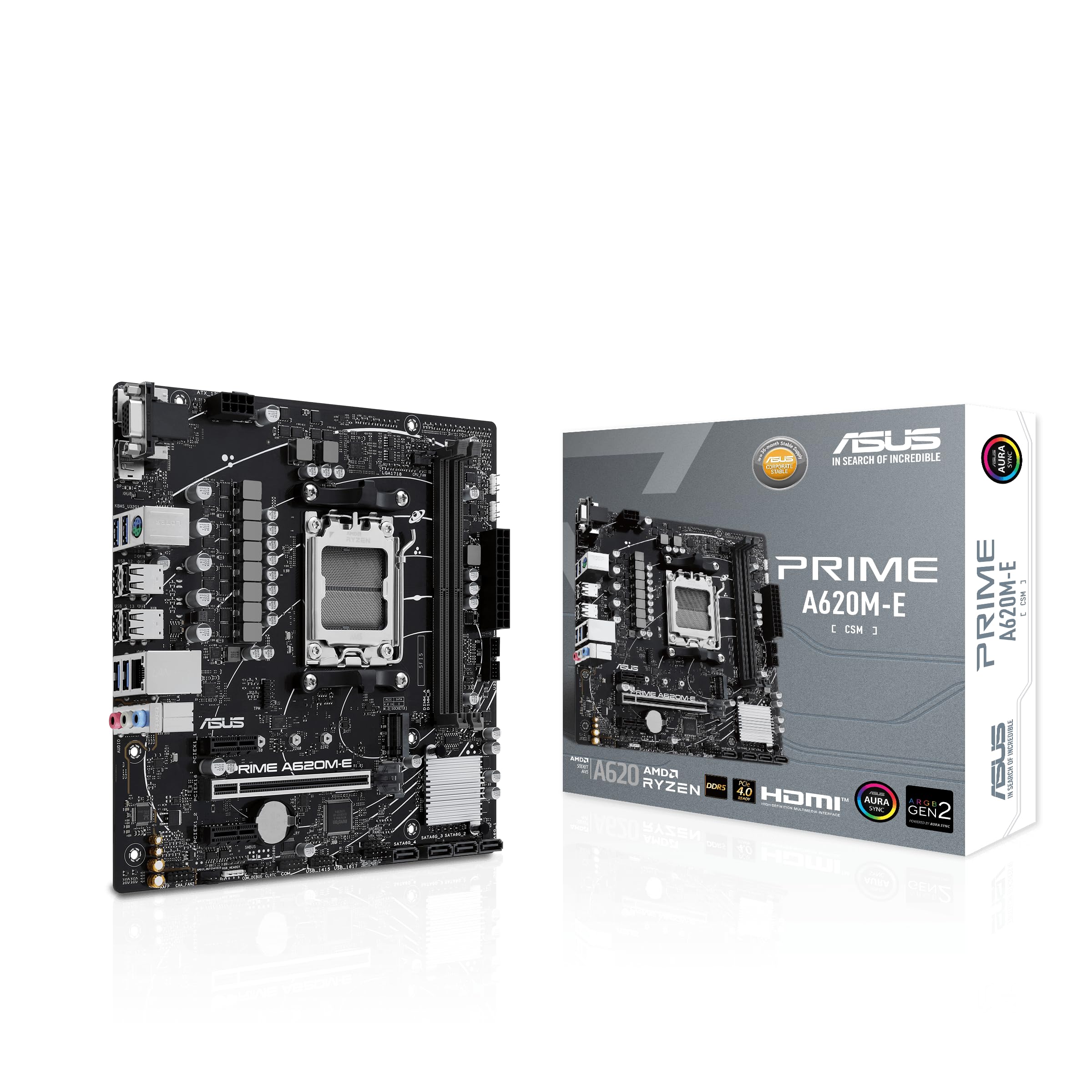 Asus Prime A620M-E-CSM Scheda Madre Amd Matx, DDR5, Pcie 4.0 M.2, Sata 6 Gbps, Displayport, Hdmi, Vga, Cancellazione Del Rumore Ai Bidirezionale, Aura Sync-image