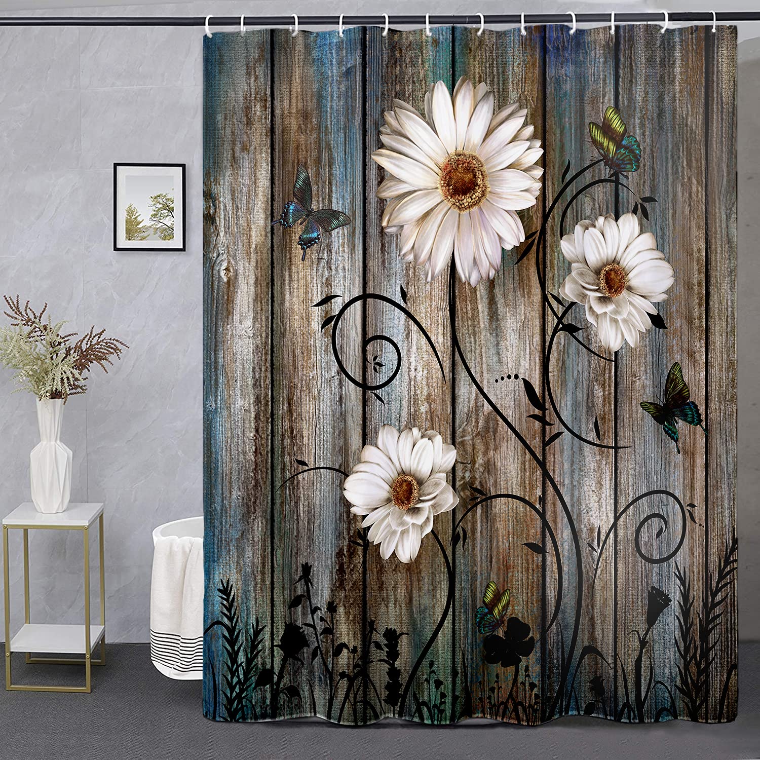 Miffrank Rustic Shower Curtain Set Grey Floral Fabric Bath Curtain 12 Hooks Butterfly Daisy American Country Farm Style 84W×72 L Inches