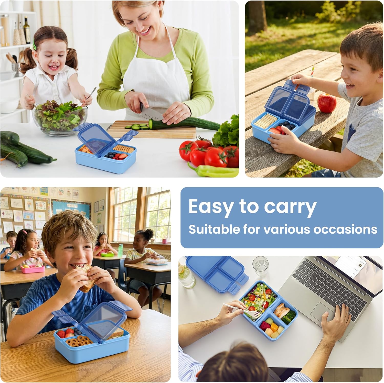 HWONMTE Bento Lunch Snack Boxes Set for Kids Reusable Food Containers with Insulated Lunch Bag, Sauce Box,Removable Dividers for Toddler Girls Boys Teens to School,Travel