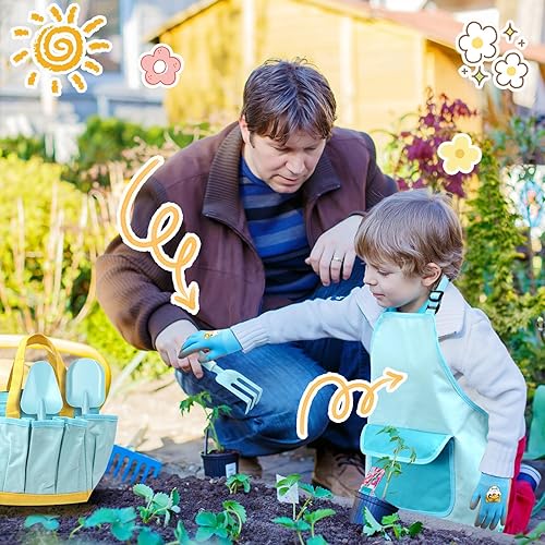 Miniatura 4 de Juego de 36 herramientas de jardinería para niños, incluye pala de metal con mango de madera resistente, rastrillo, pala, delantal, guantes de