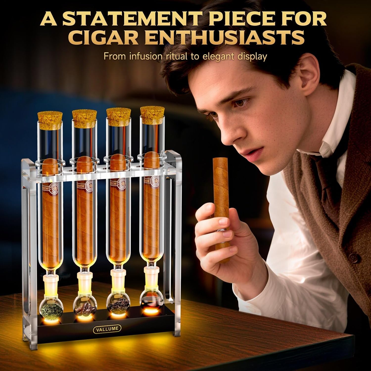 VALLUME Cigar Flavoring Humidor Box Set with LED Light Base, 4 Glass Cigar Tubes & Glass Balls, Clear Acrylic Display Stand for Flavor Aging and Display – Cigar Accessories Gift for Men