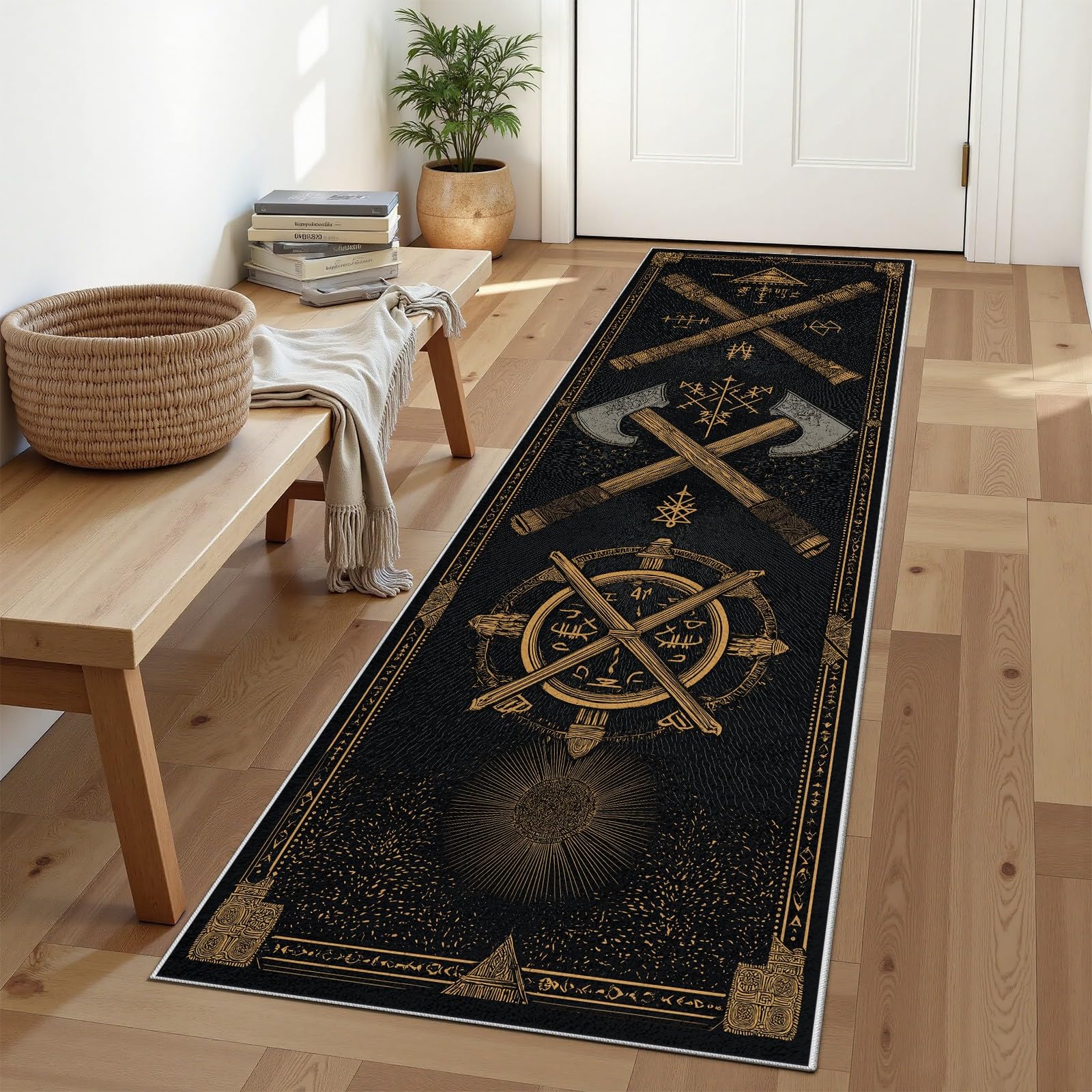 Wikinger Axt Teppich Läufer, Wikinger Totem Rune rutschfest Küchenteppich 60x210 cm, Mid Century Kurzflor Küchenläufer Waschbar, Faltbar, Teppichläufer Carpet für Küche, Wohnzimmer