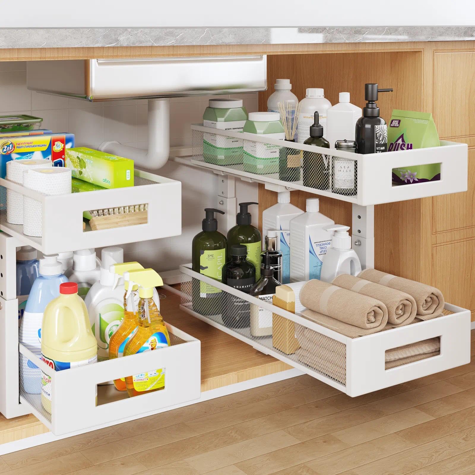 2 Packs 19IN Depth Under Sink Organizer, 2-Tier Pull Out Cabinet Organizer With Smooth Circular Rail, Large Capacity Metal Mesh Sliding Drawers For Bathroom&amp; Kitchen Storage,Height Adjustable –White