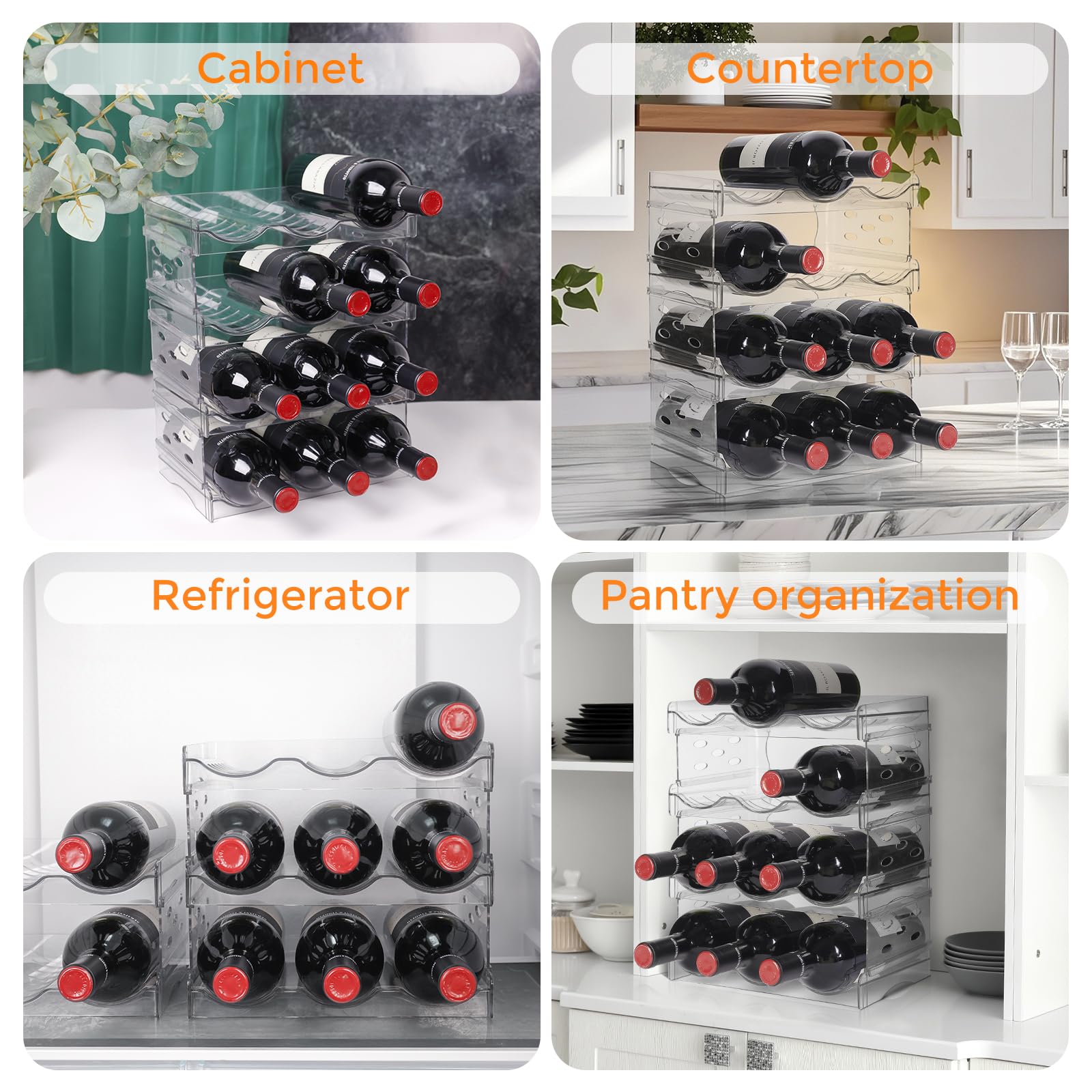 BoxedHome Weinregal Stapelbar Wasserflasche Organizer Kunststoff Flaschenhalter Schrank Organizer Aufbewahrung für Gefrierschrank Schrank Speisekammer (4 Etagen 12 Flaschen)