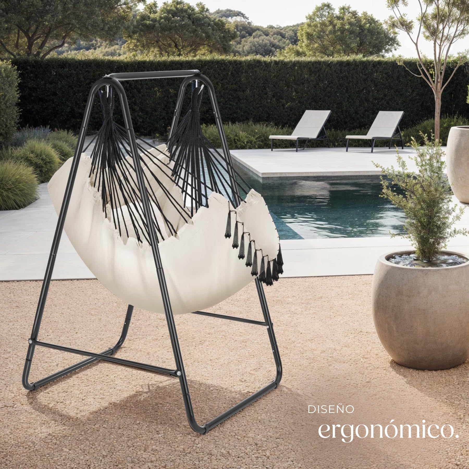 Silla Colgante Boho, Estructura De Acero, Borlas Decorativas, Cojines Gruesos, Bolsillo Lateral, Interior Y Exterior, Hamaca Sillón Colgante para Jardín, Terraza, Salón, Dormitorio