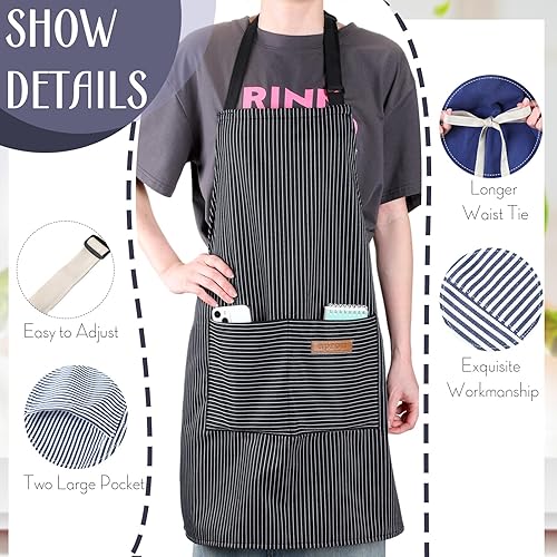 Miniatura 3 de Handepo 12 delantales de algodón para mujeres y hombres con bolsillos, delantales suaves y ajustables a rayas para cocinar, cocina, chef