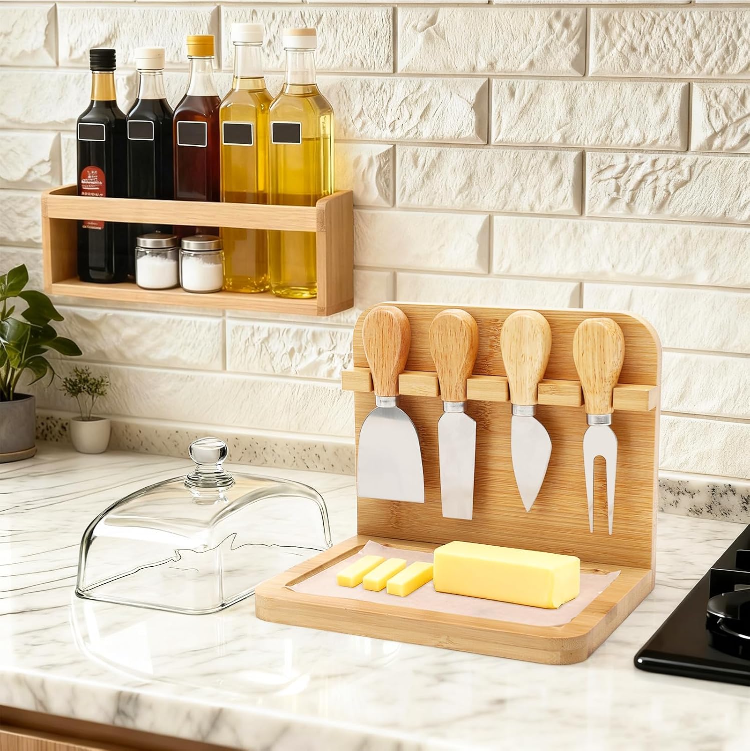 2-In-1 Butter Dish with Lid and Cheese Knife Holder - Includes 50Pcs Greaseproof Paper Sheets & 4 Cheese Knife, Countertop Butter Keeper