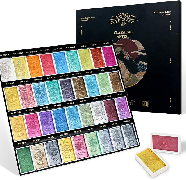 Paul Rubens GUCAI Glitter Watercolour Paint Set, Classical Art 36 Colours Solid Paints with Large full-sized Pan, Good Lightfastness, Ideal for Illustrators, Artists, and Beginners.