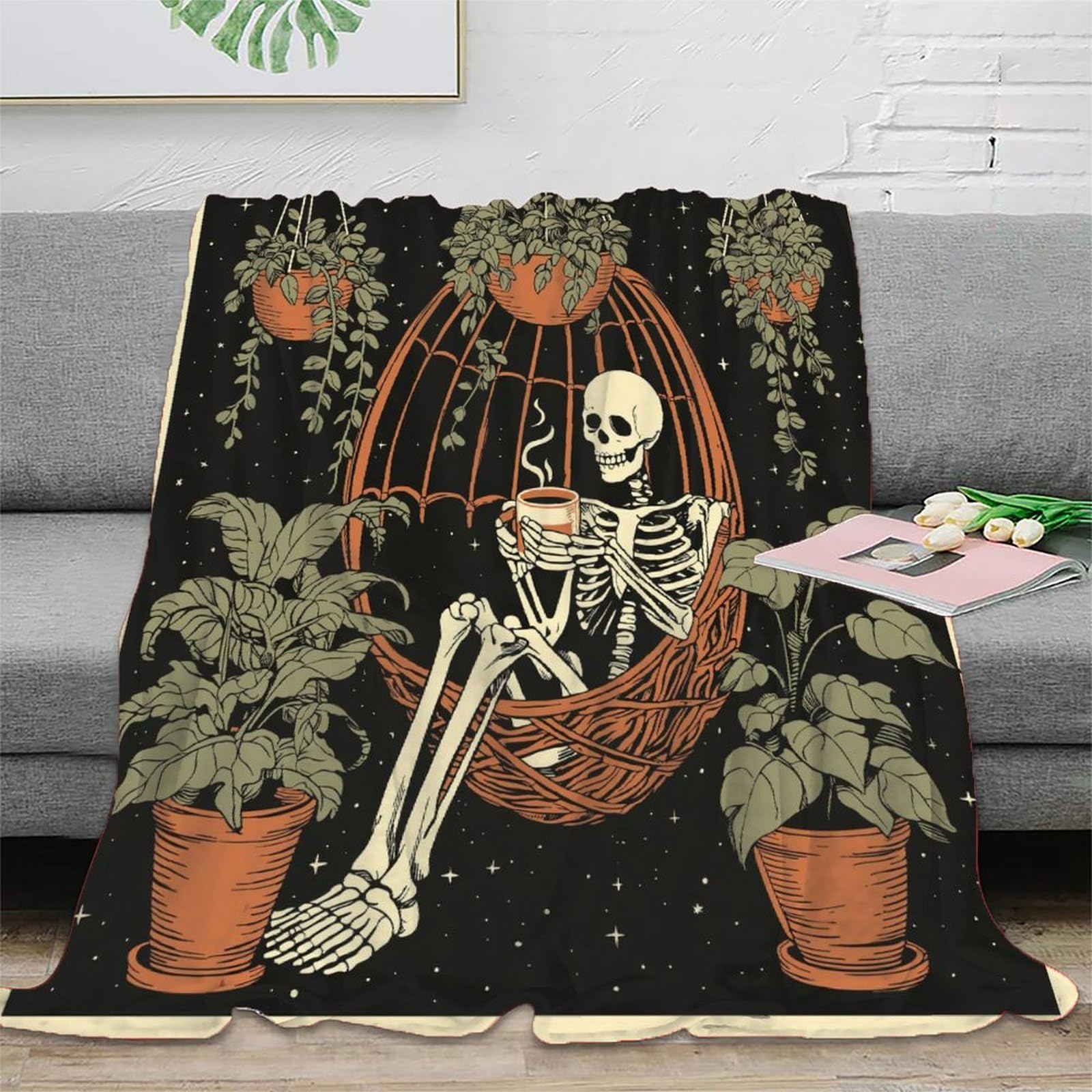 Uno scheletro è seduto in un uovo intrecciato Manta Estampada 3D Sedia sospesa a forma di Colcha De Diseño Ropa De Cama De Microfibra Suave Y Cálida Sofá Ropa De Cama 80x90inch(200x230cm)