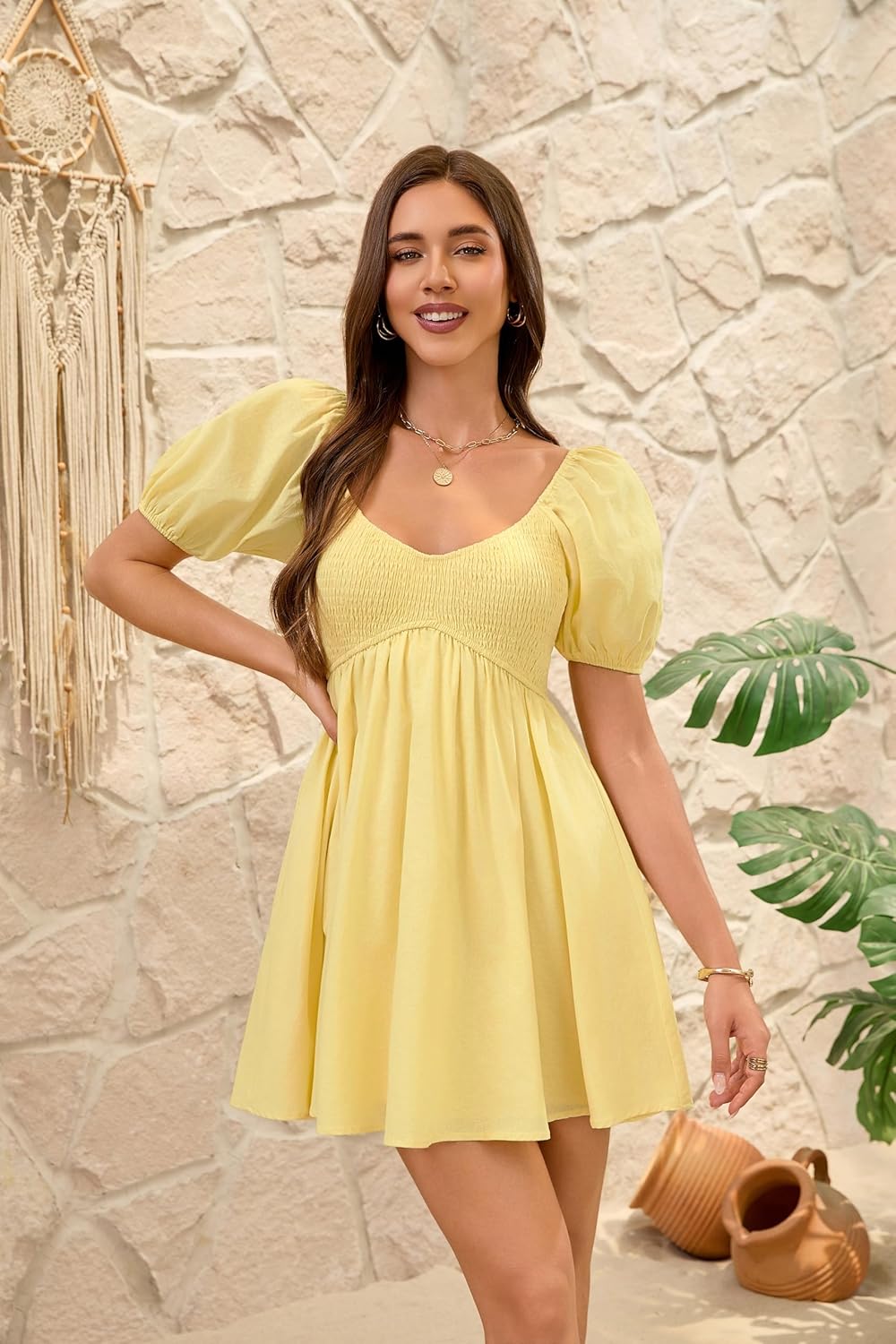 Women's Summer Casual Puff Sleeve Babydoll Dress V Neck Empire Waist Boho Swing Sundresses Beach Mini Dresses - Image 2