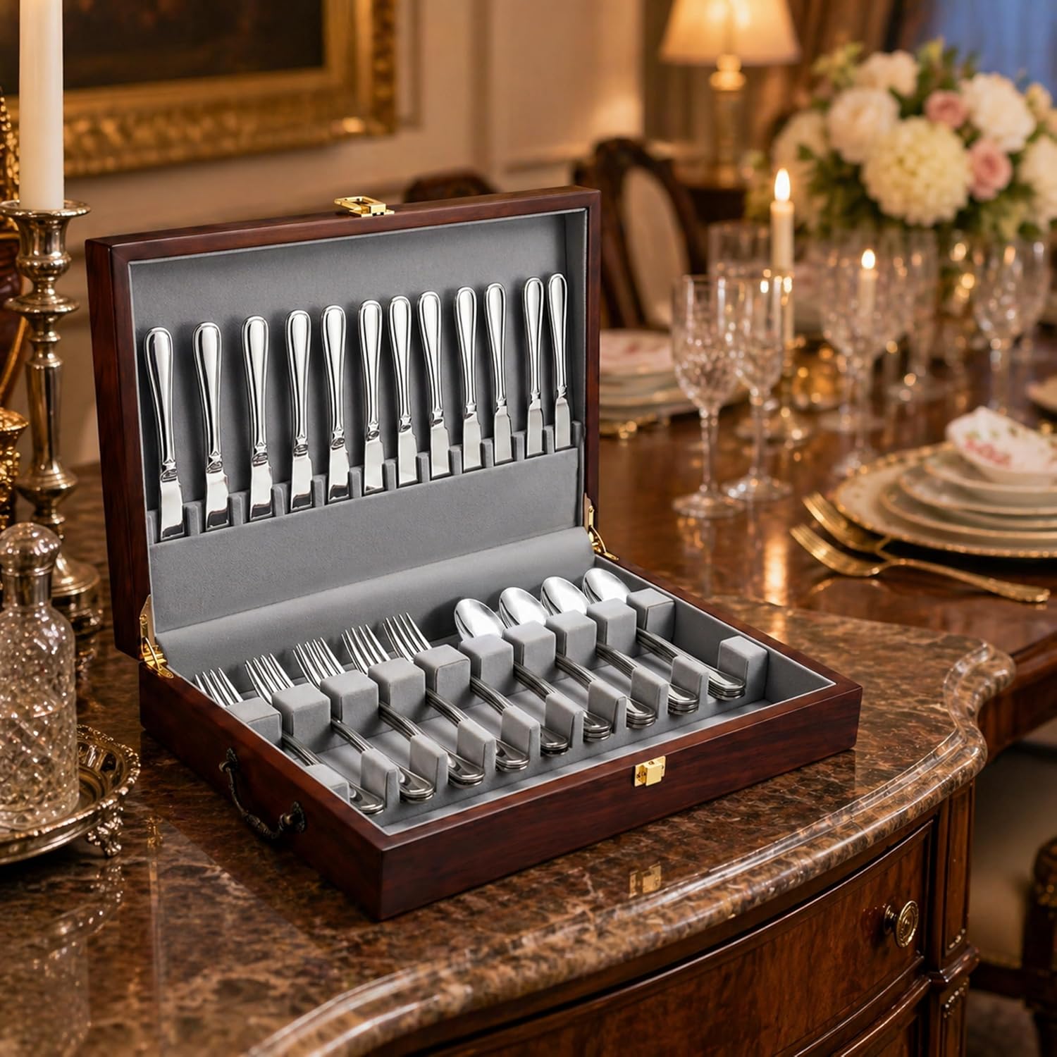 Solid Mahogany Silverware Storage Box Scratch-Resistant And Rust-Resistant Suede Dual Card Slots Flatware Storage Box Suitable For Collecting Silver Tableware And As Gifts