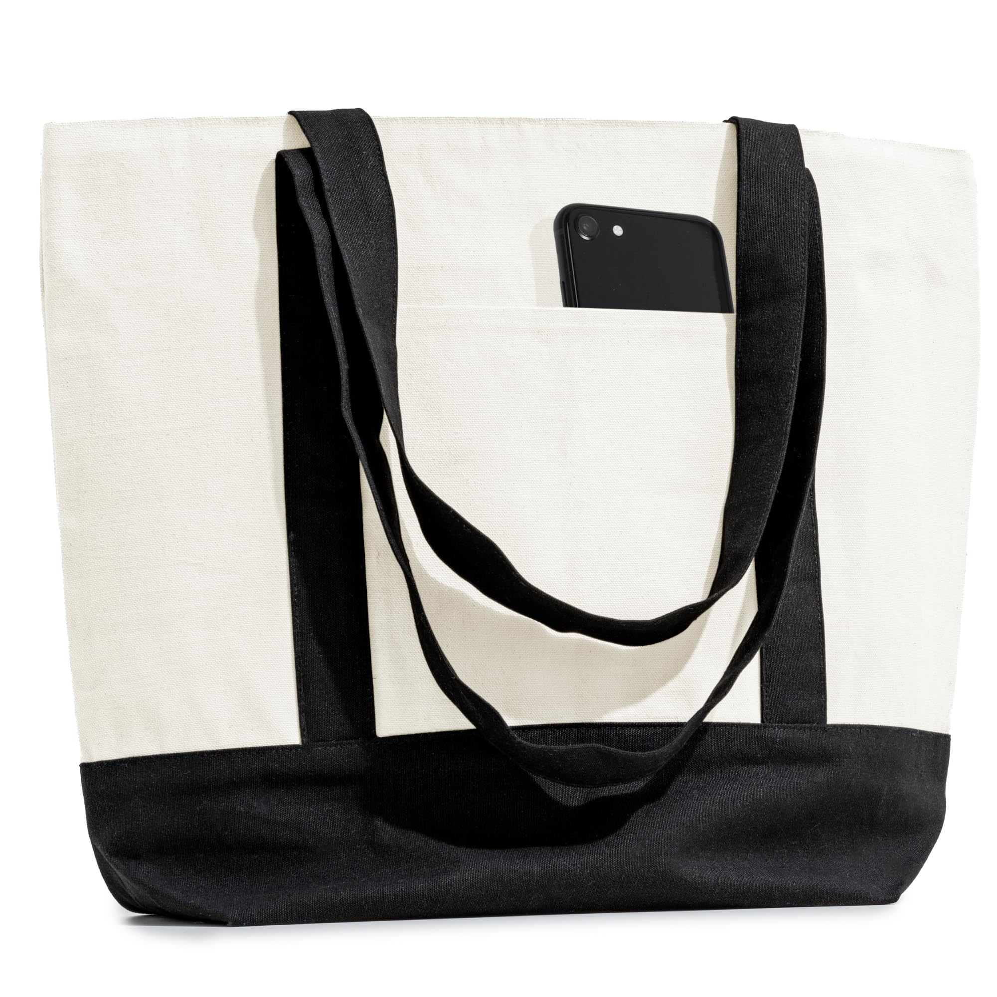 Carrywell (Not Made In China) Canvas Tote Bags with Zipper, 15" x 21", Heavy Duty Organic Cotton With Handles and Front Pocket, Reusable Shopping