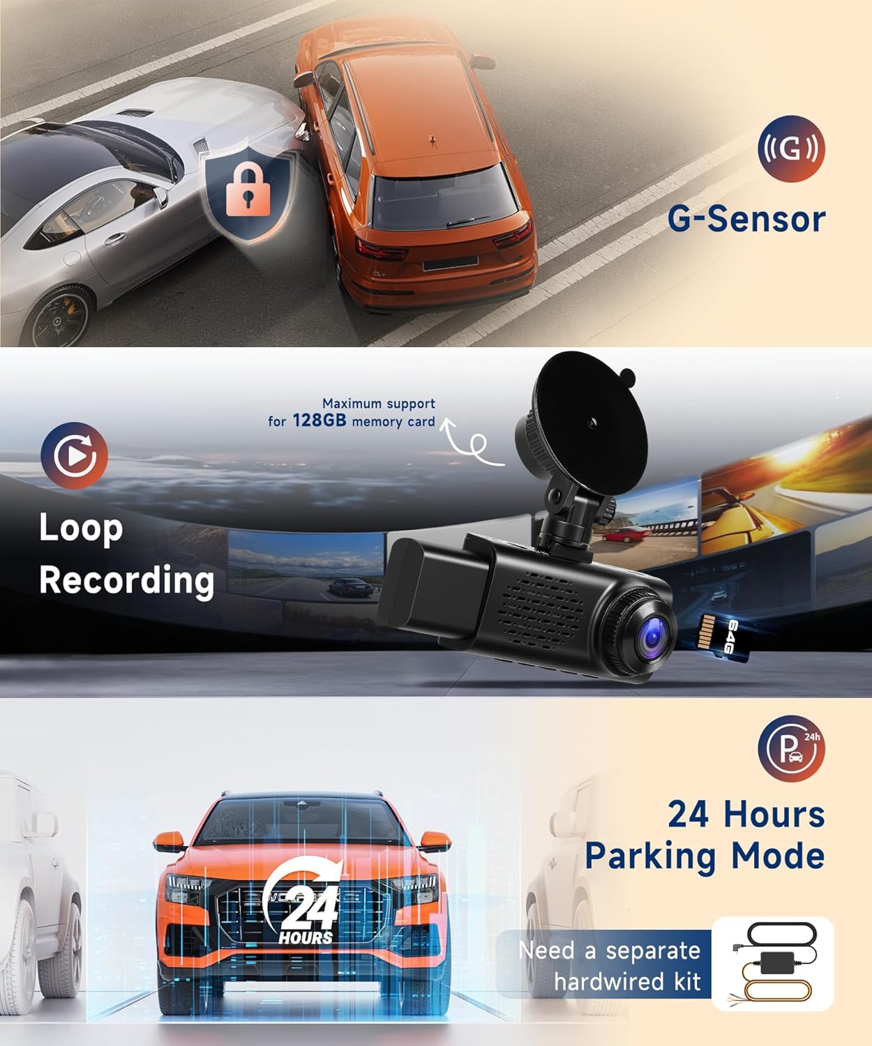 5Ghz WiFi 3.16" Dash Cam Front and Rear 3 Channel Dash Camera FHD 2.5K+1080P, Free 64GB Card Included, Built-in GPS, WiFi APP Control, IR Night Vision, G-Sensor, 24H Parking Mode