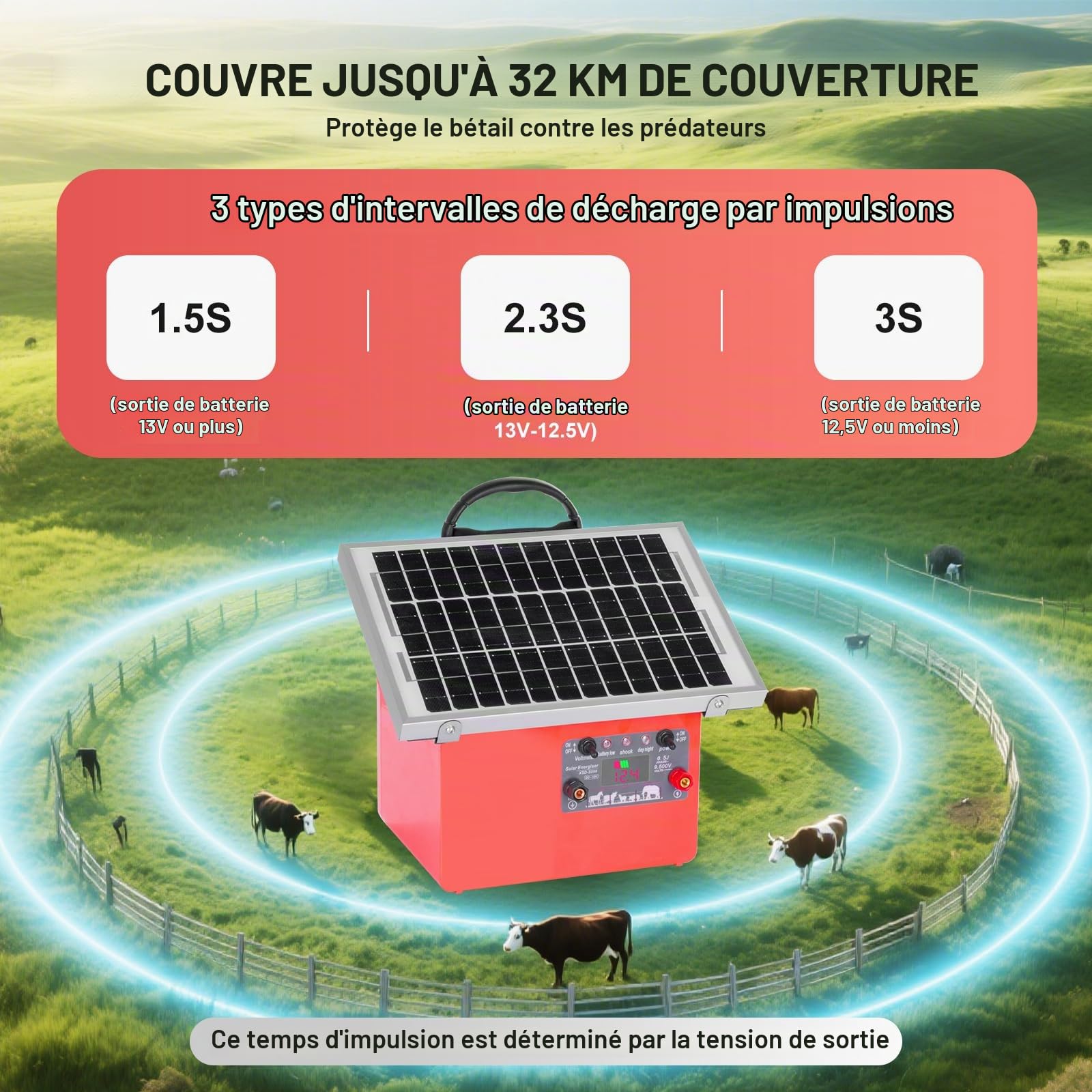 32KM cloture electrique solaire cloture electrique, 9,5 kV berger électrique Contrôleur pour chevaux, clôture électrique 0,5 J pour élevage d'animaux de berger, pour ferme, pâturage, jardin (Red)
