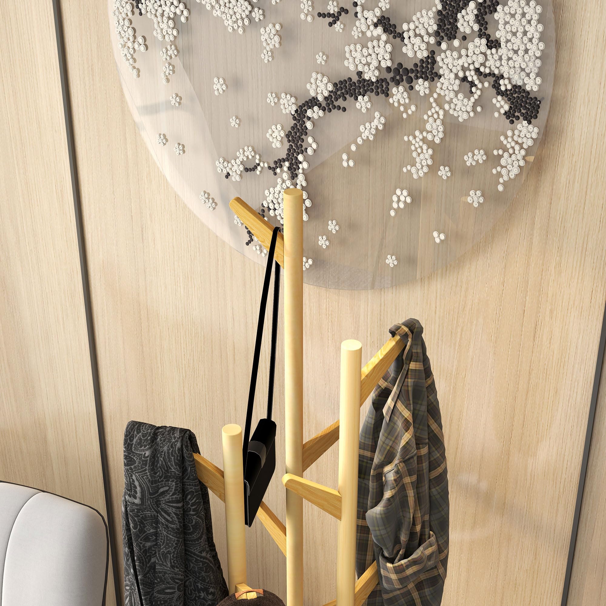 HOMCOM Appendiabiti da Terra di Design 30.5x30.5x174.5cm Legno e Bianco | Portaombrelli e 12 Ganci, Metallo e Bambù