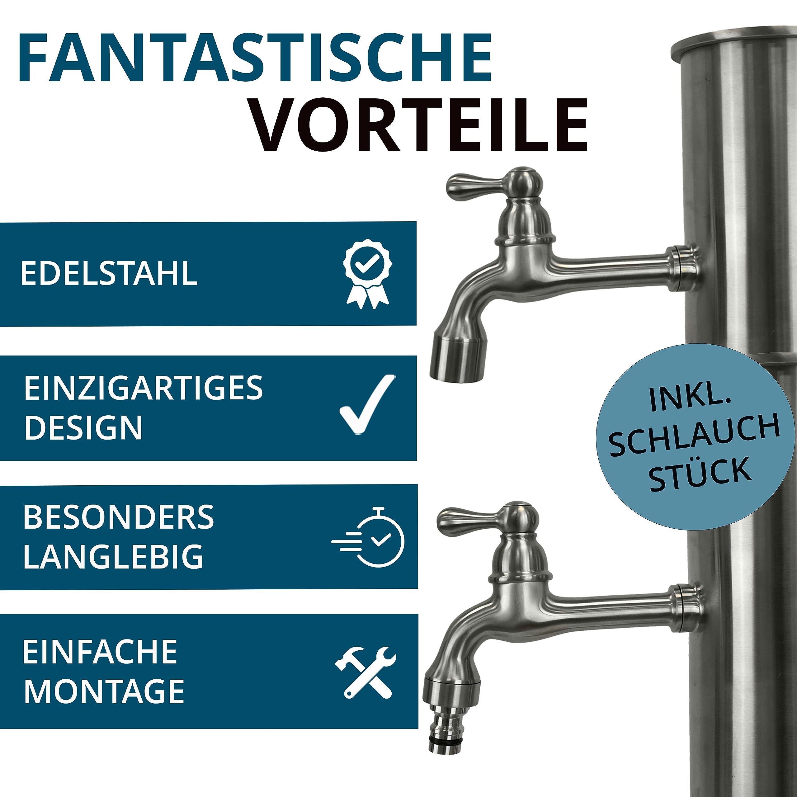 Wasserhahn aus Edelstahl, Wasserhahn Garten, Wasserhahn Wandmontage für außen und innen 145 mm, 3/4 Zoll Wasserhahn passend für Wassergartensäule, Design Auslaufhahn, Gartenwasserhahn
