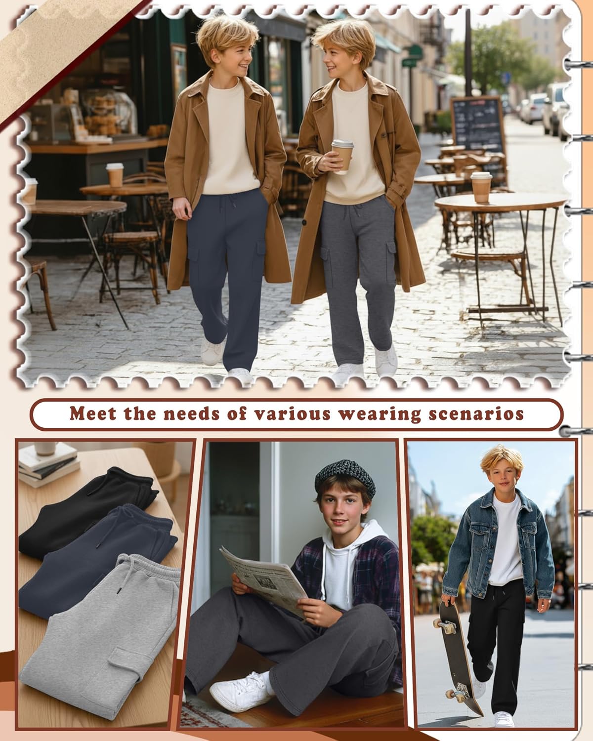 4 Pack Boys' Cargo Sweatpants Elastic Drawstring Open Bottom Active Pants Casual Workout Joggers with 4 Pockets