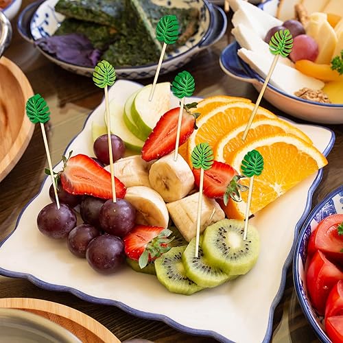 Miniatura 7 de 100 palillos de cóctel de hojas de Monstera tropicales de verano de 4.9 pulgadas, palillos de dientes hechos a mano, palillos de bambú desechables