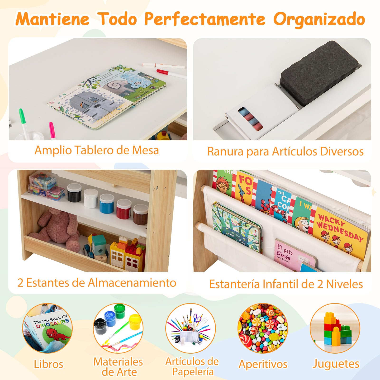 COSTWAY Juego de Mesa y Silla de Arte para Niños, Escritorio con Caballete y Silla, Pizarra Blanca y Pizarra de Tiza, Rollo de Papel, 2 Estantes Abiertos y Estante de 2 Niveles (Natural)