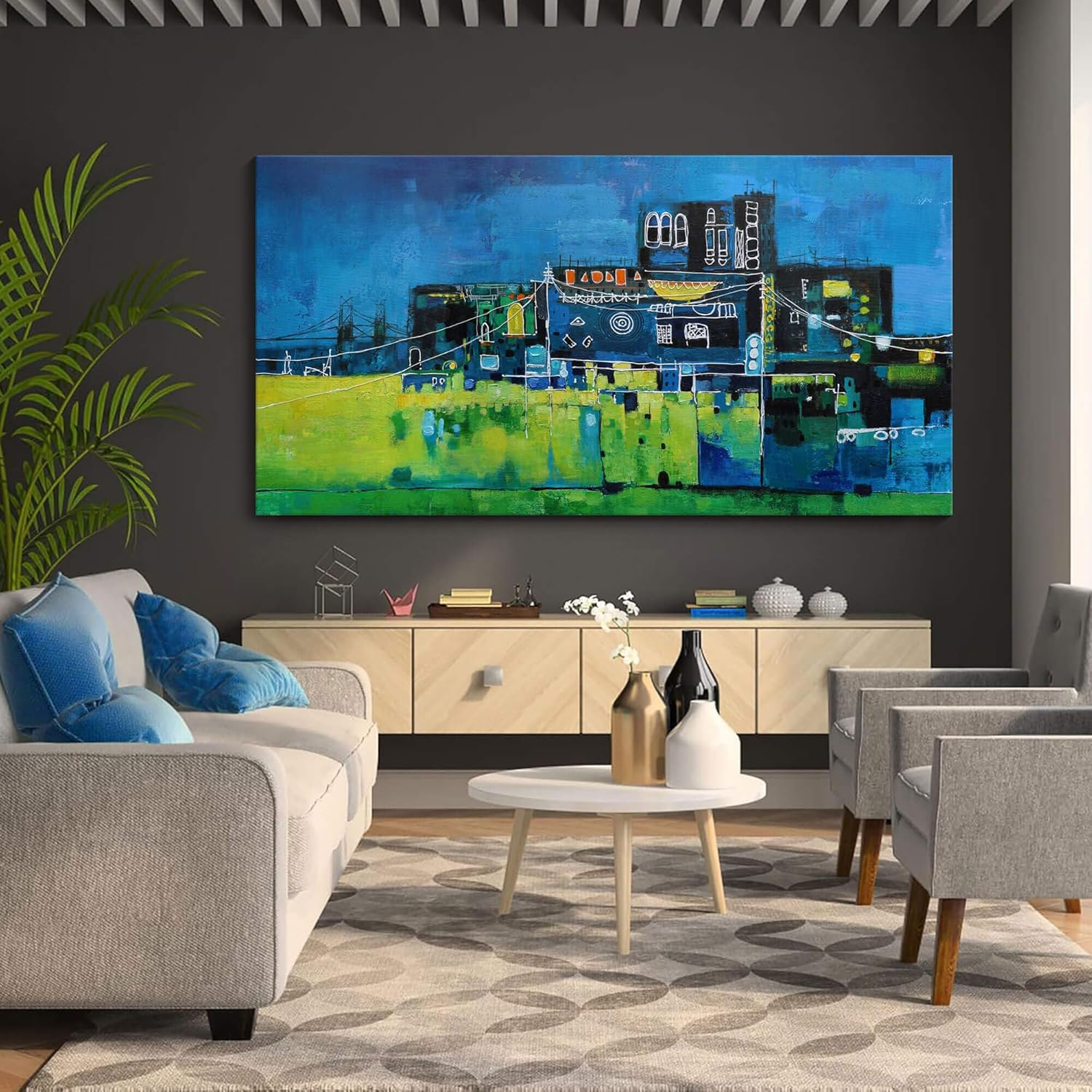 YDYSUNE Modern Abstract Wall Art for Living Room, Office & Bedroom Navy Blue City Wall Art Cityscape & Paintings for Bedroom Pictures Wall Decor Artwork for Walls 29×58IN 29"L x 58"W Teal