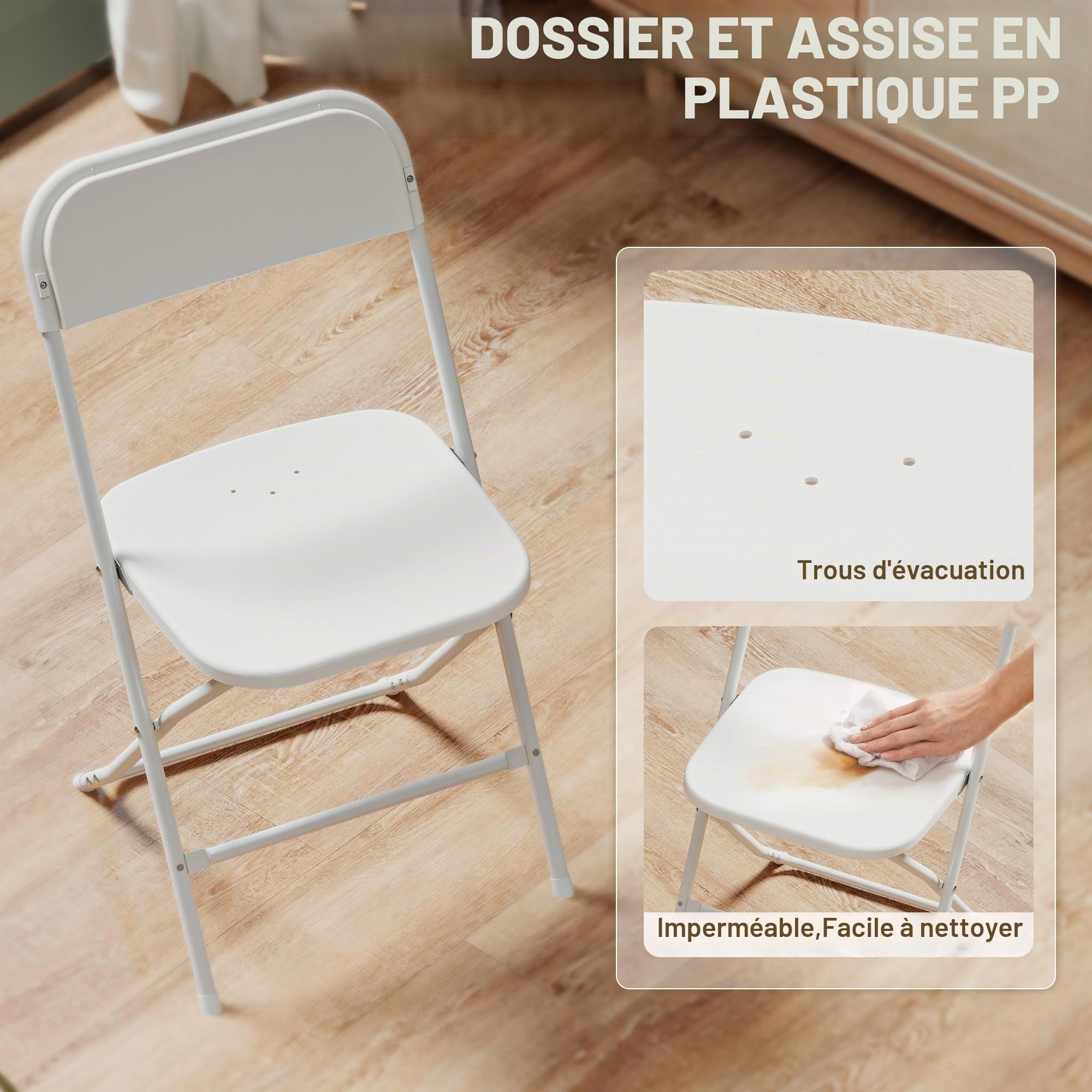 HOMCOM Chaises pliantes, lot de 6, en plastique Chaise de cuisine pliante avec trous d'évacuation, structure en acier Chaises pliantes Chaise pliante jusqu'à 120 kg, pour l'intérieur, blanc