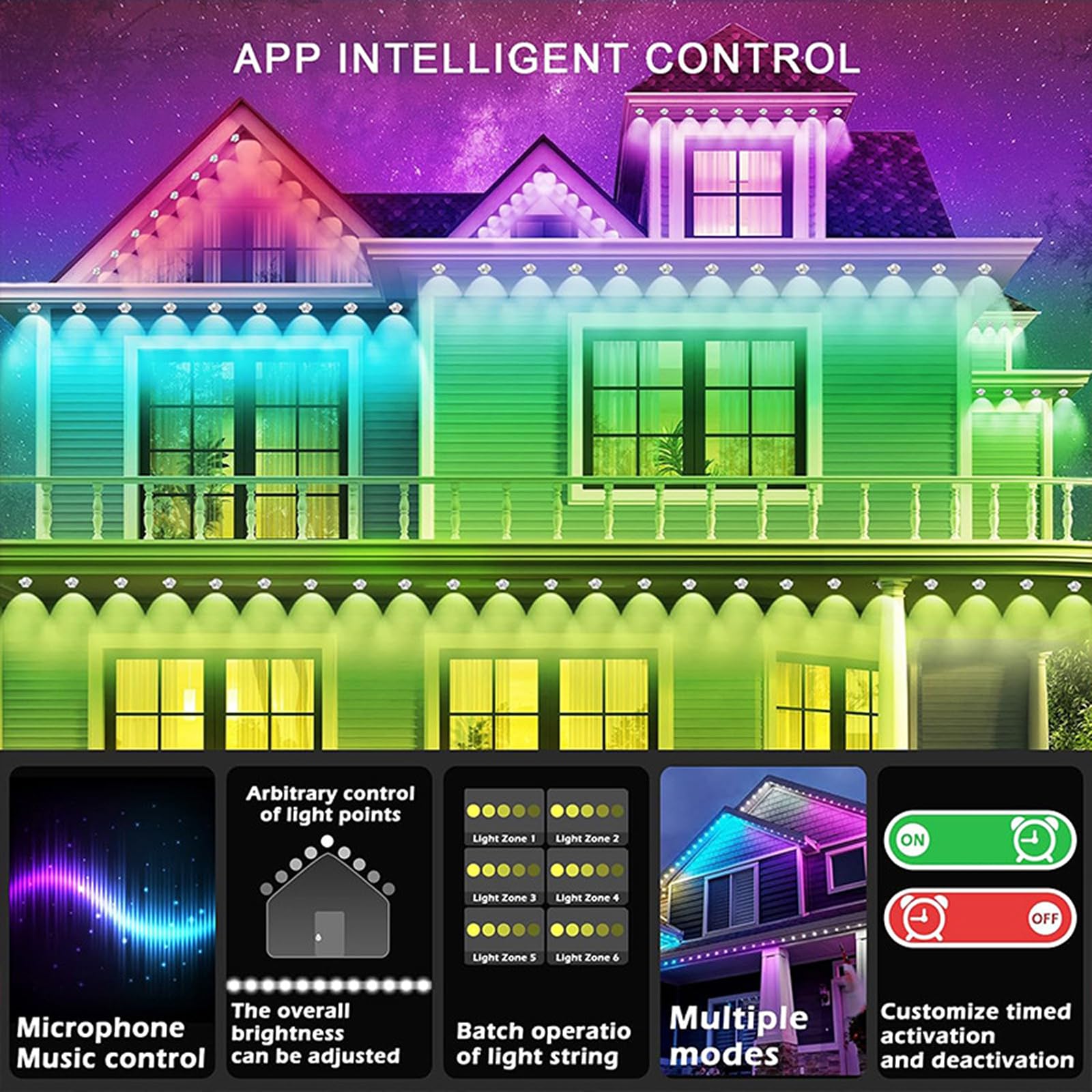 Luces RGB para aleros exteriores, luces de cuerda LED neón inteligentes | Luz de cuerda LED RGB controlada por aplicación con cambio de color y sincronización con música(30m)